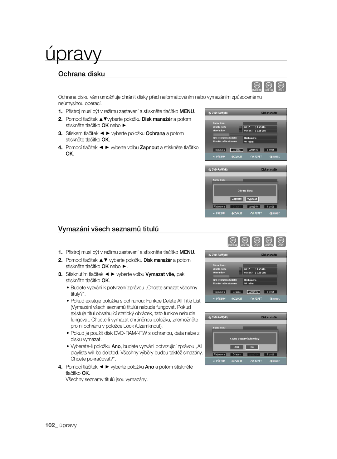 Samsung DVD-SH893A/EDC, DVD-SH897A/EDC, DVD-SH895A/EDC manual Xcv, Ochrana disku, Vymazání všech seznamů titulů 