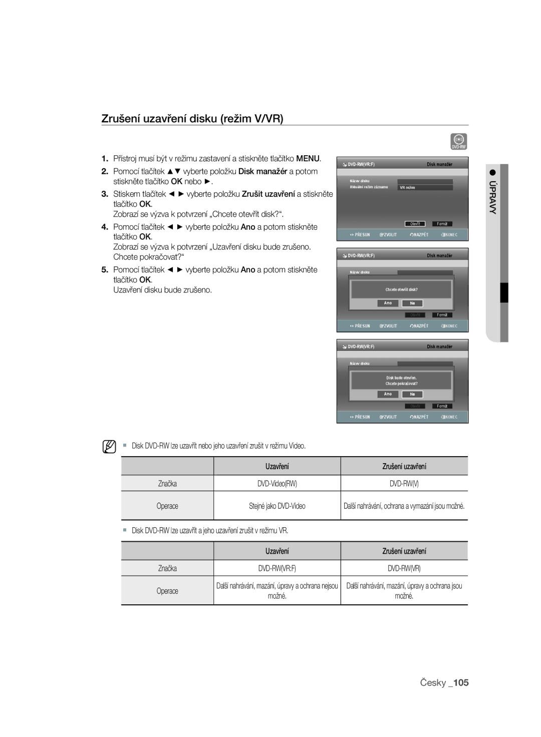 Samsung DVD-SH893A/EDC, DVD-SH897A/EDC, DVD-SH895A/EDC manual Zrušení uzavření disku režim V/VR, Dvd-Rwvrf 