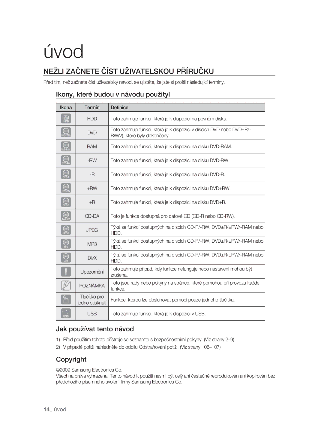 Samsung DVD-SH895A/EDC Nežli Začnete Číst Uživatelskou Příručku, Ikony, které budou v návodu použityl, Copyright, Hdd 