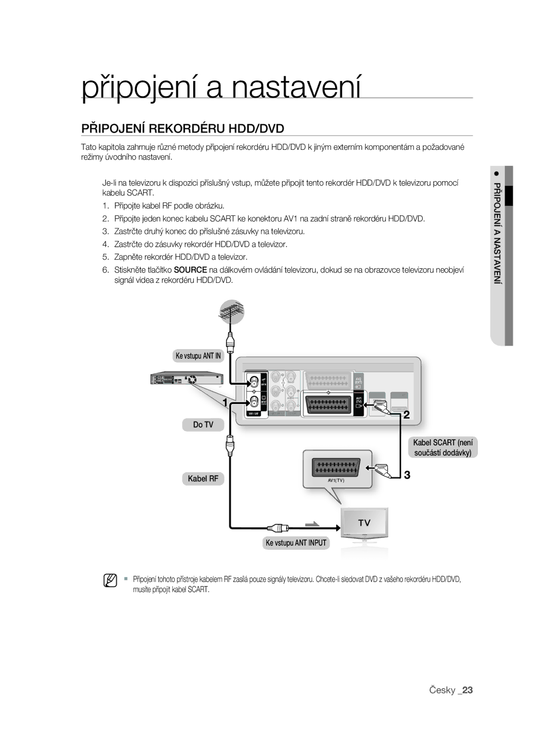 Samsung DVD-SH895A/EDC manual Připojení Rekordéru HDD/DVD, Připojení a Nastavení, Kabel Scart není součástí dodávky 