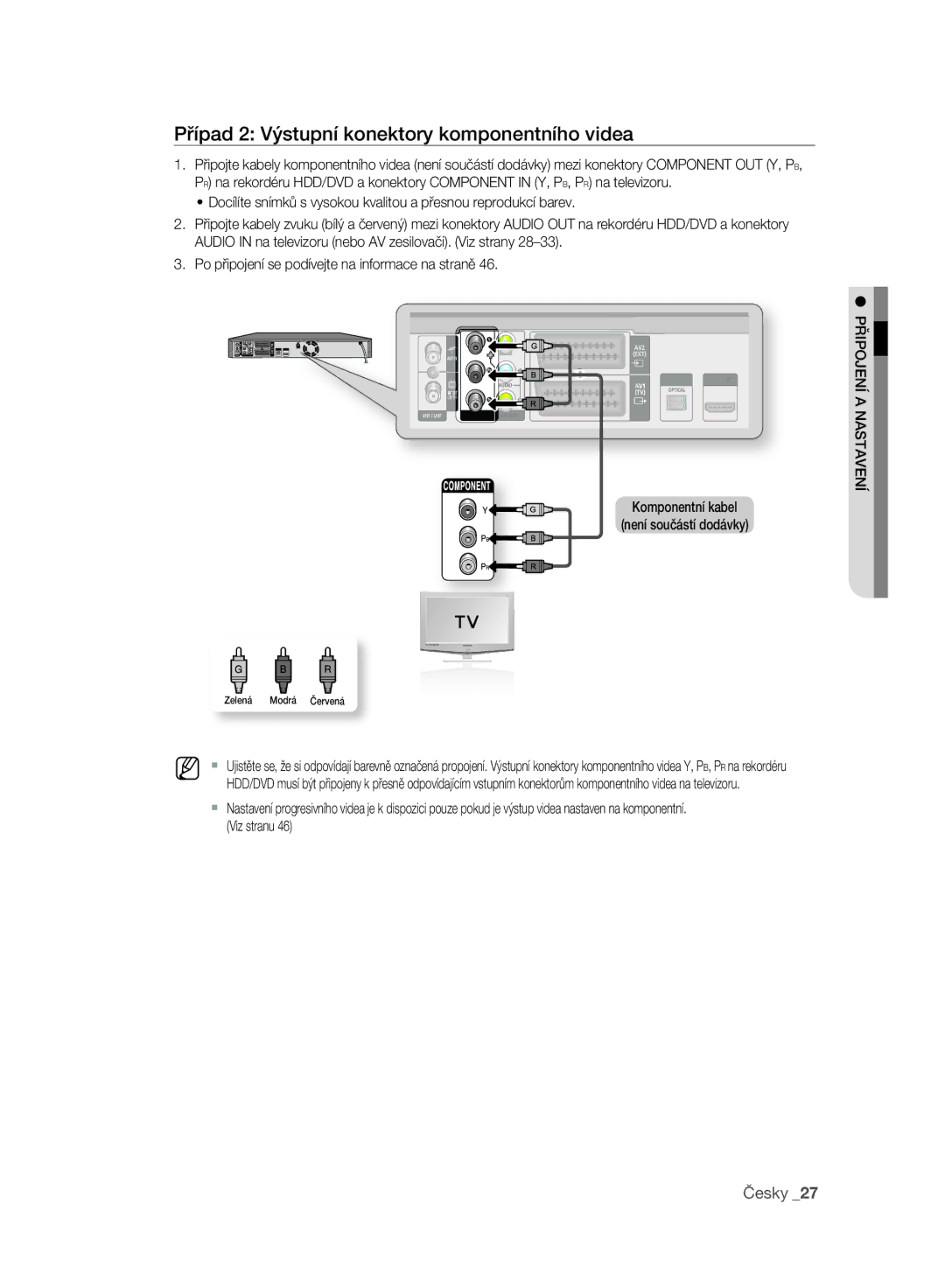 Samsung DVD-SH893A/EDC manual Případ 2 Výstupní konektory komponentního videa, Komponentní kabel Není součástí dodávky 