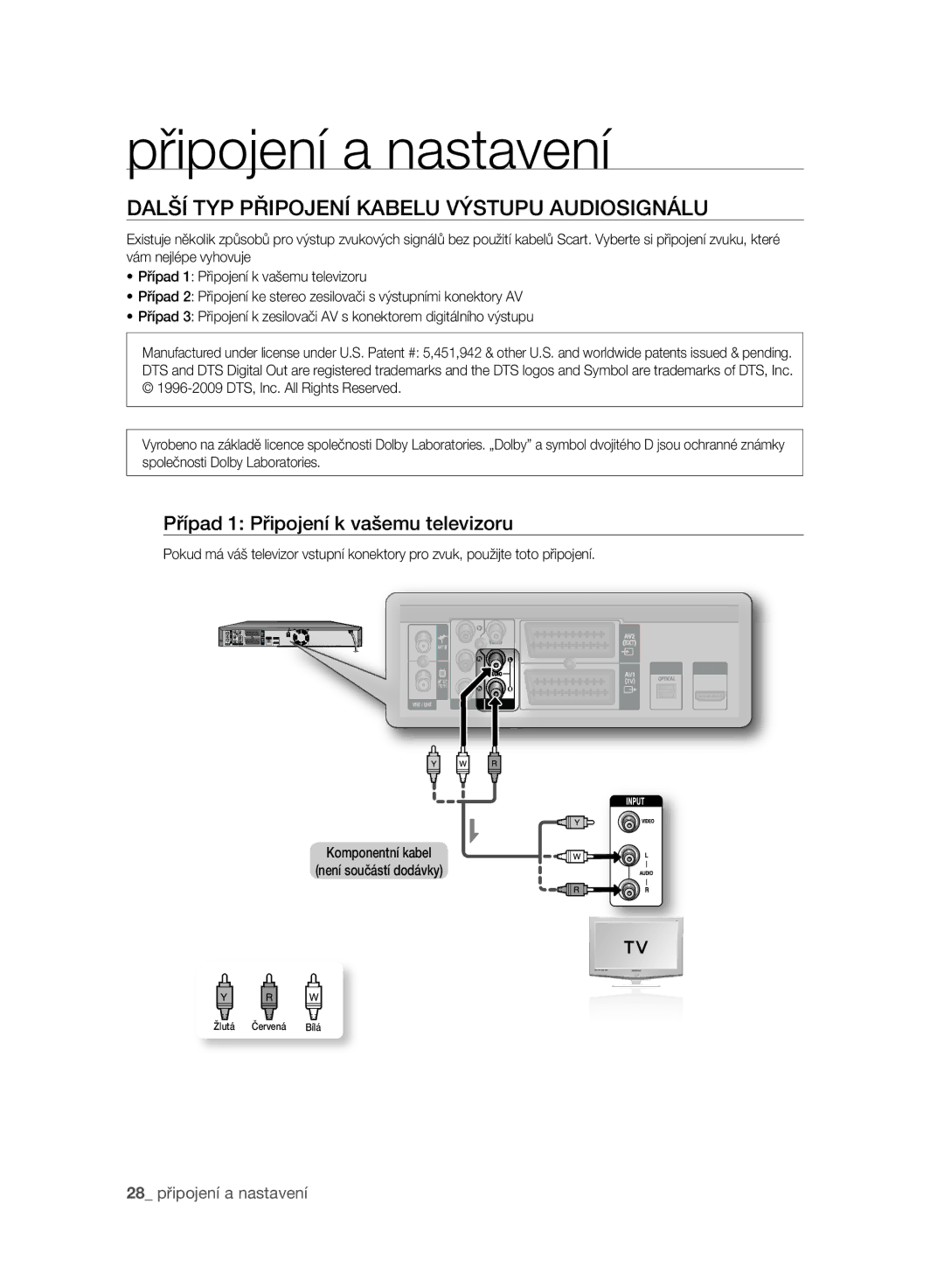 Samsung DVD-SH897A/EDC manual Další TYP Připojení Kabelu Výstupu Audiosignálu, Případ 1 Připojení k vašemu televizoru 