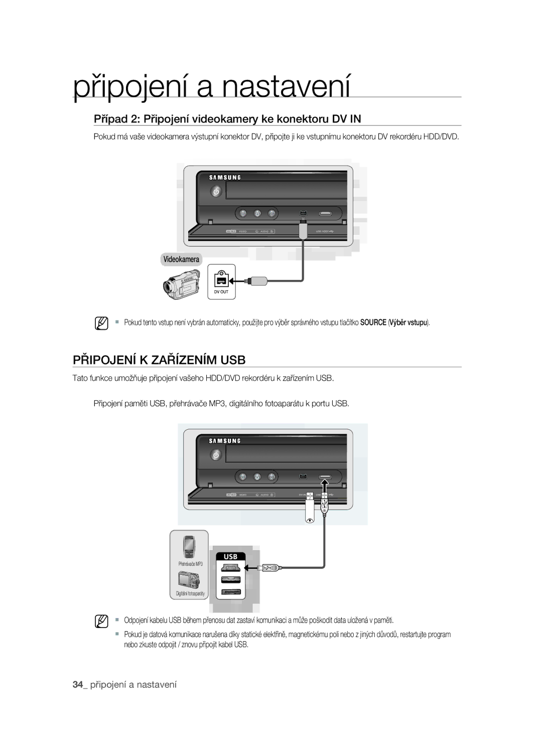 Samsung DVD-SH897A/EDC manual Připojení K Zařízením USB, Případ 2 Připojení videokamery ke konektoru DV, Videokamera 