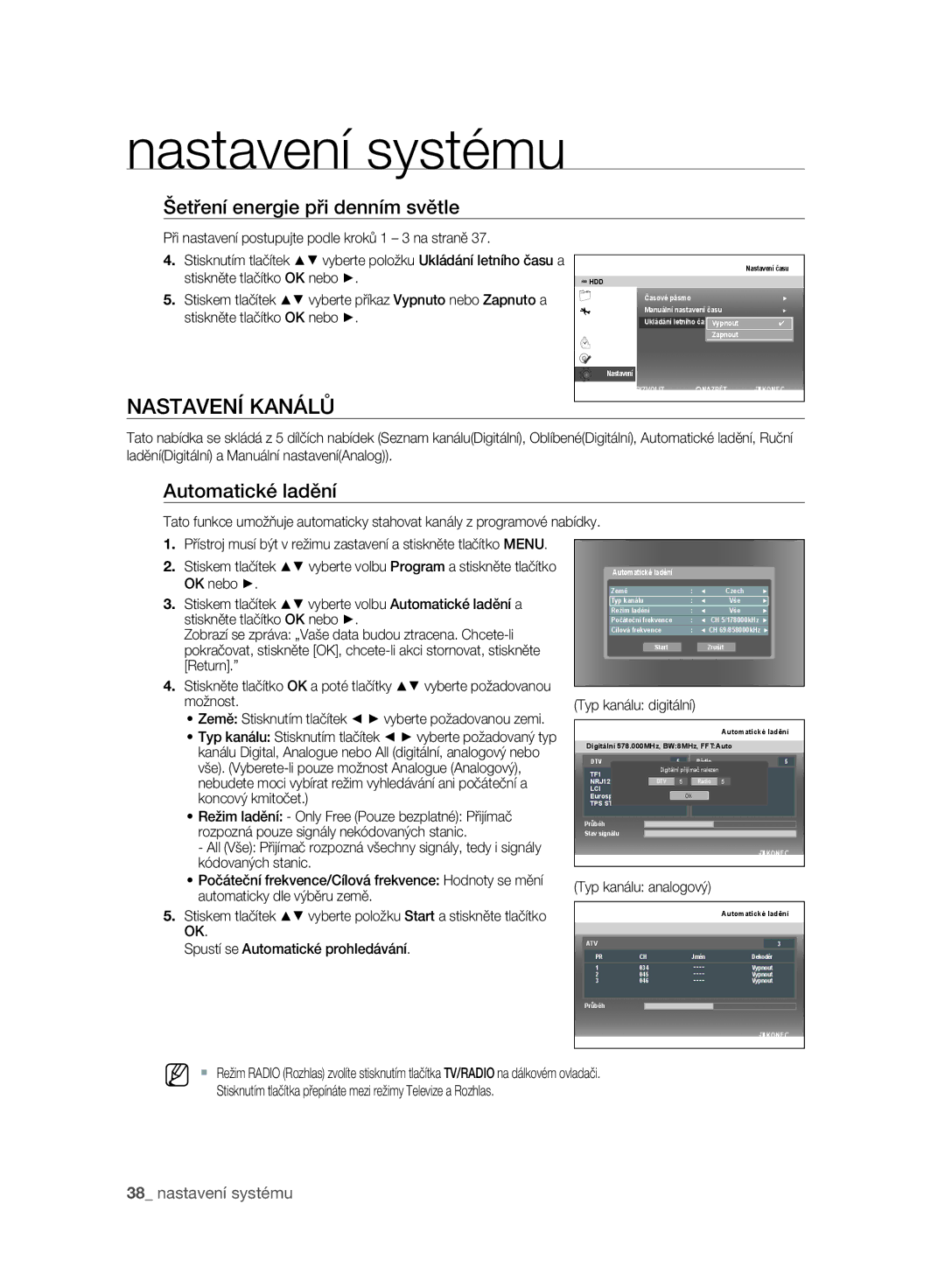 Samsung DVD-SH895A/EDC, DVD-SH893A/EDC manual Nastavení Kanálů, Šetření energie při denním světle, Automatické ladění 