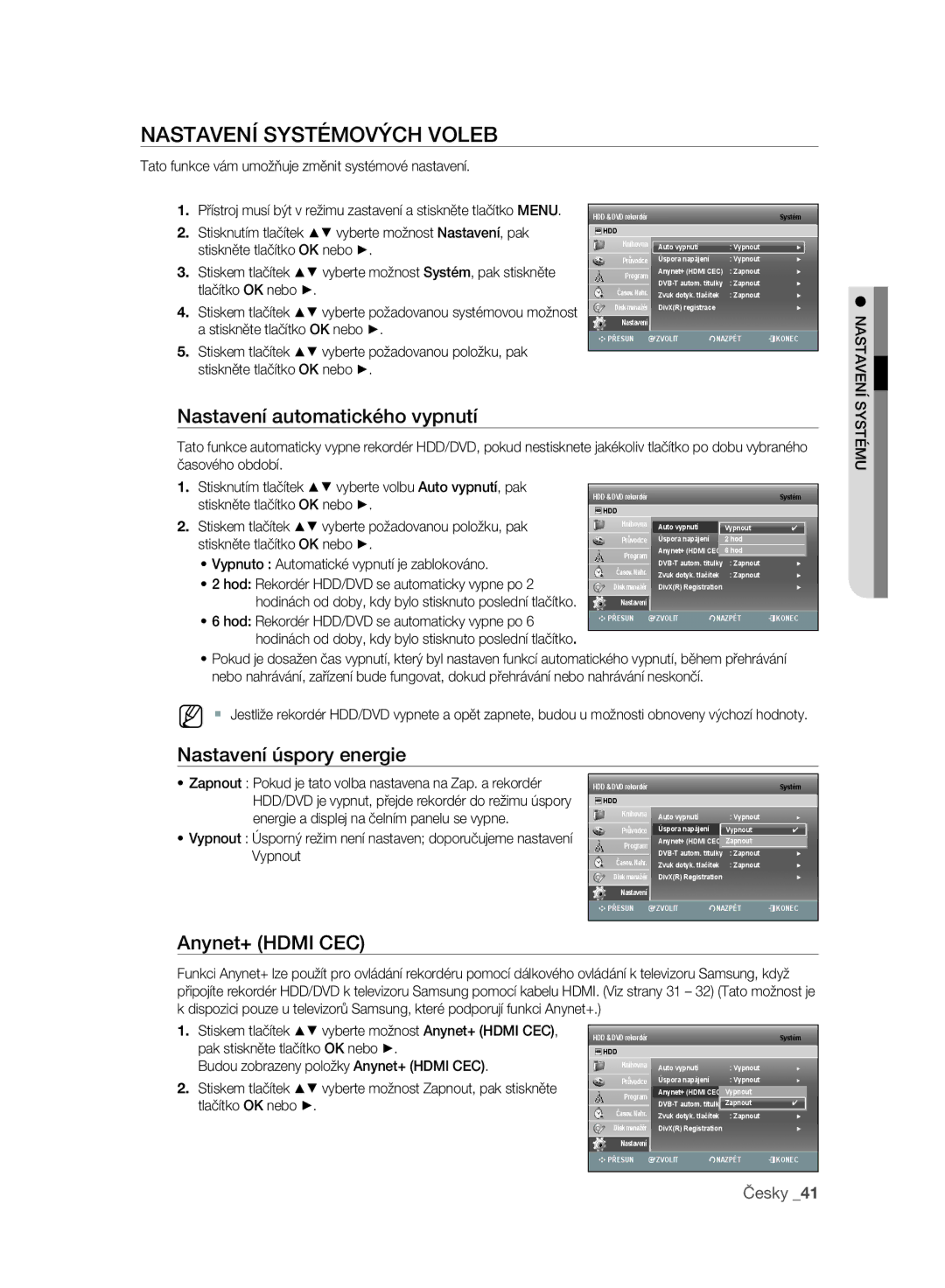 Samsung DVD-SH895A/EDC manual Nastavení Systémových Voleb, Nastavení automatického vypnutí, Nastavení úspory energie 