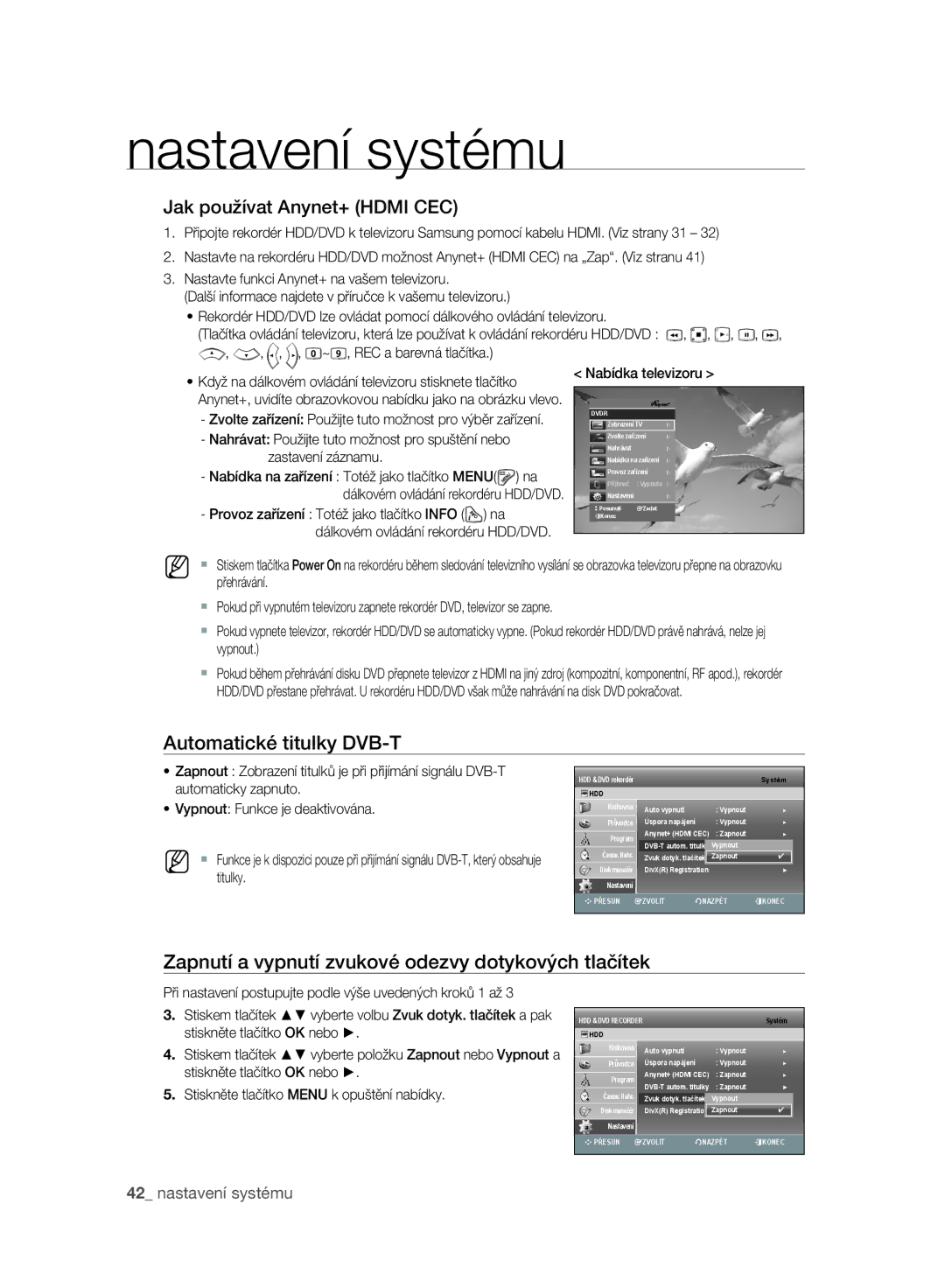 Samsung DVD-SH893A/EDC, DVD-SH897A/EDC, DVD-SH895A/EDC manual Jak používat Anynet+ Hdmi CEC, Automatické titulky DVB-T 