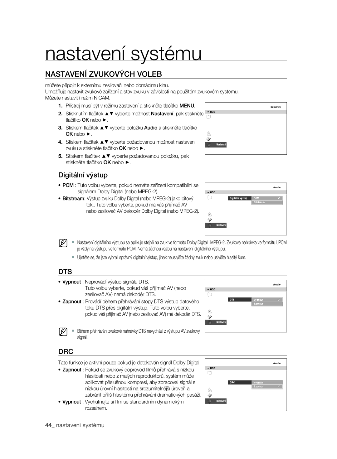 Samsung DVD-SH895A/EDC, DVD-SH893A/EDC Nastavení Zvukových Voleb, Digitální výstup, Vypnout Neprovádí výstup signálu DTS 