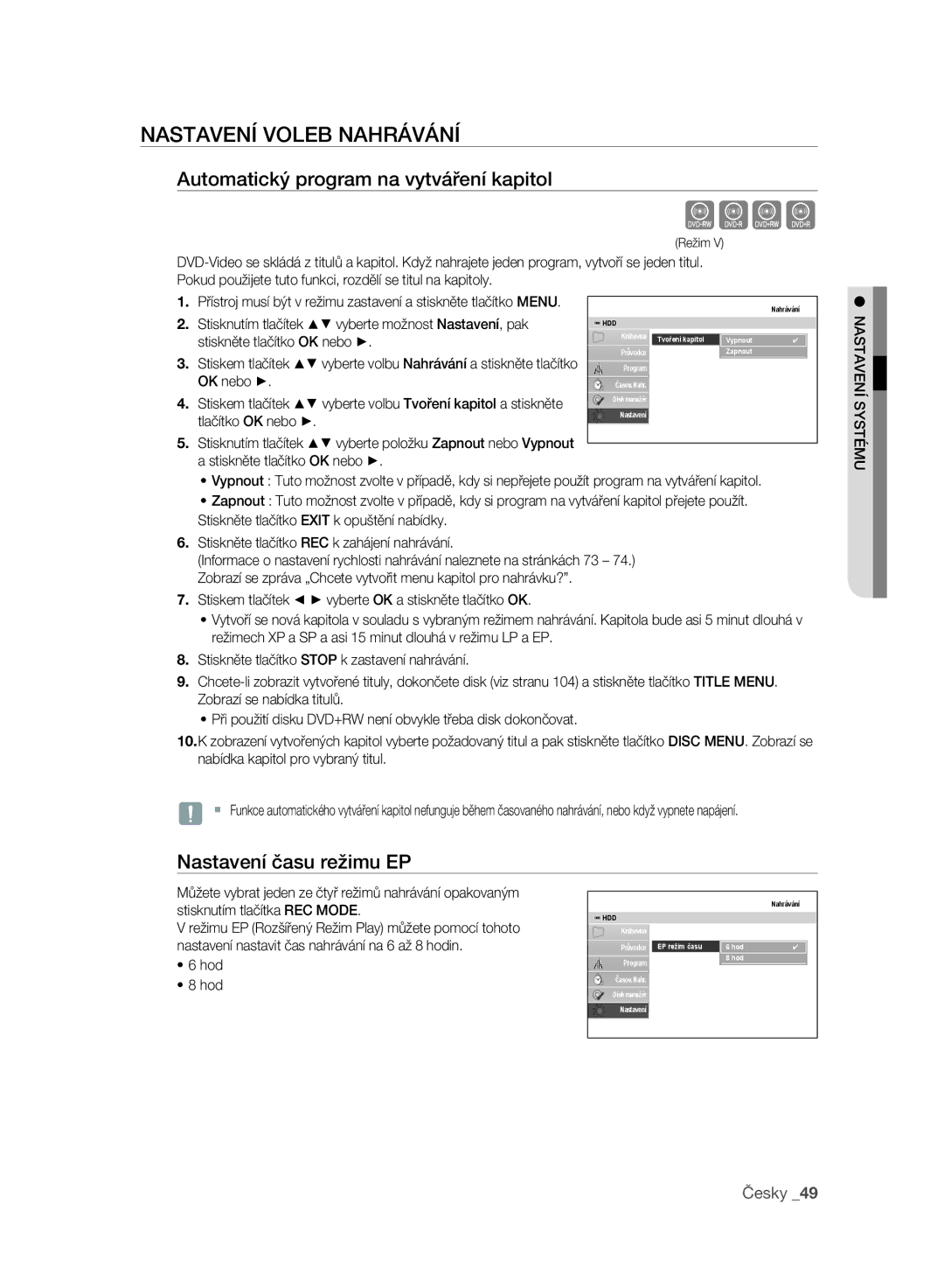 Samsung DVD-SH897A/EDC Nastavení Voleb Nahrávání, Automatický program na vytváření kapitol, Nastavení času režimu EP, Hod 