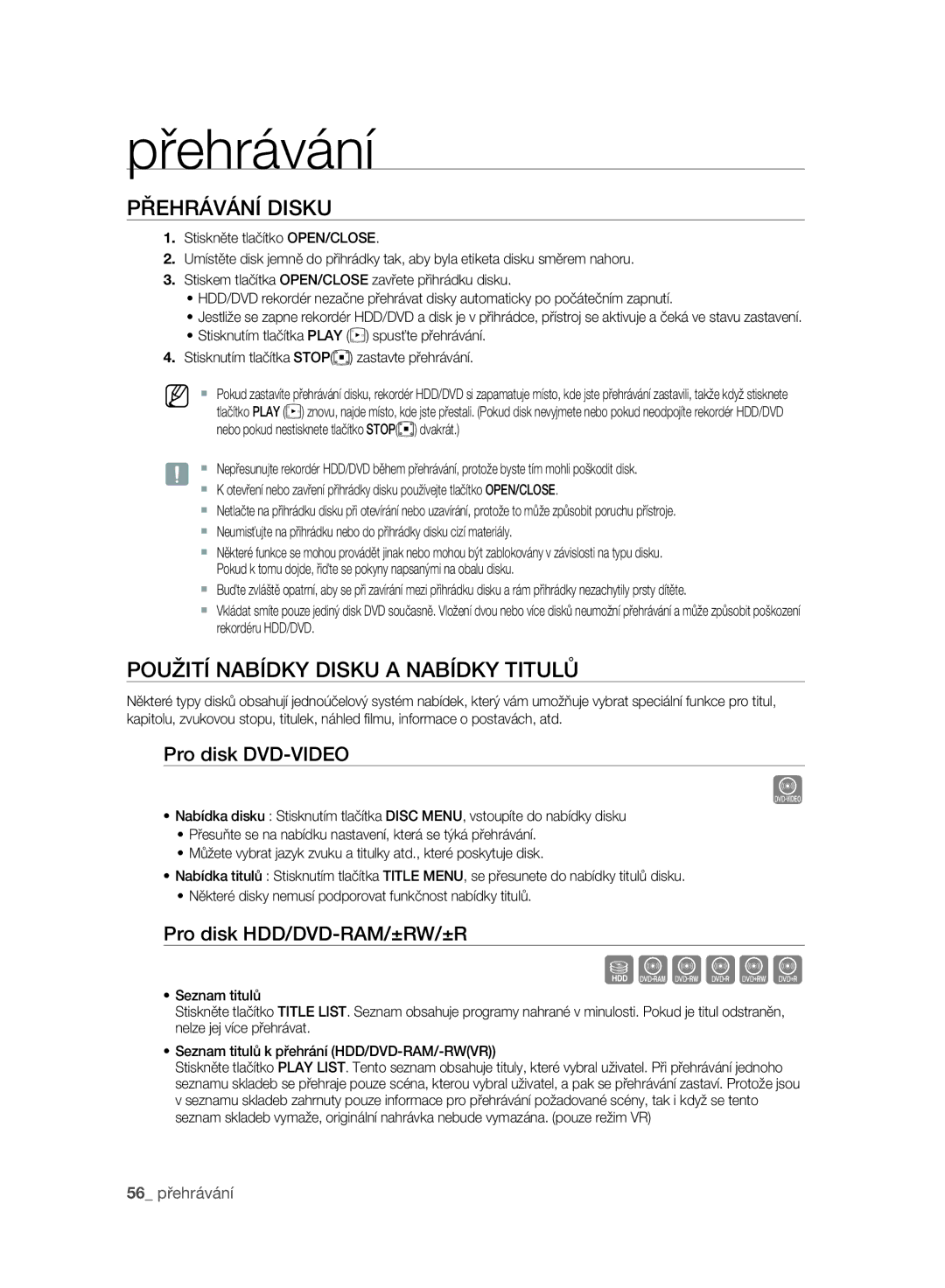 Samsung DVD-SH895A/EDC manual Sxcvkl, Přehrávání Disku, Použití Nabídky Disku a Nabídky Titulů, Pro disk DVD-VIDEO 