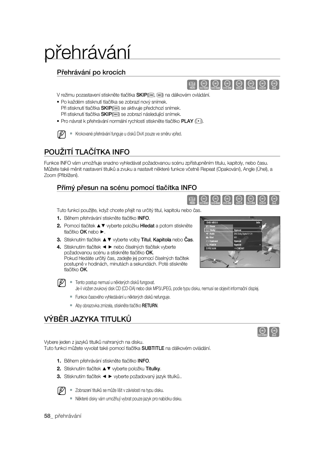 Samsung DVD-SH897A/EDC, DVD-SH893A/EDC, DVD-SH895A/EDC Použití Tlačítka Info, Výběr Jazyka Titulků, Přehrávání po krocích 