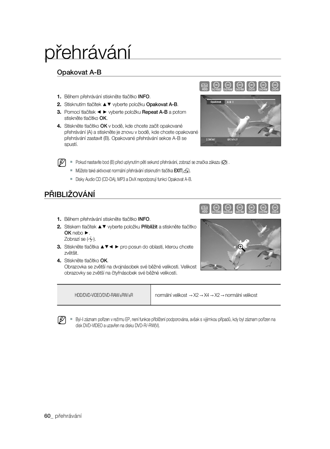 Samsung DVD-SH893A/EDC manual Szxcvkl, Přibližování, Opakovat A-B, Stiskněte tlačítka zvětšit Stiskněte tlačítko OK 