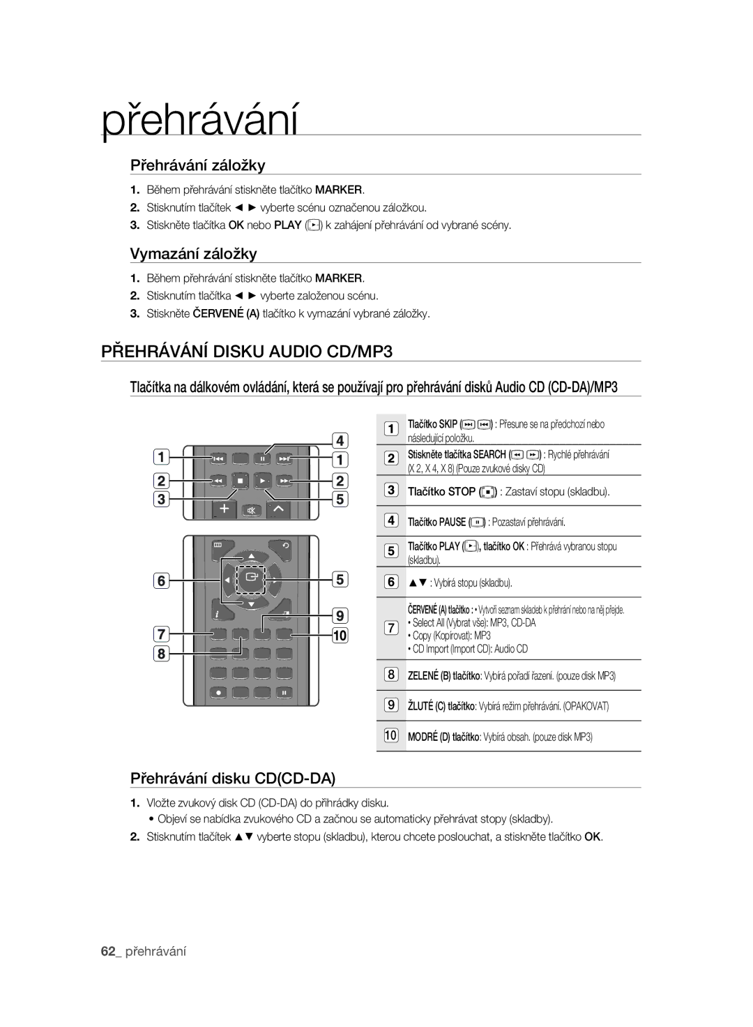 Samsung DVD-SH895A/EDC manual Přehrávání Disku Audio CD/MP3, Přehrávání záložky, Vymazání záložky, Přehrávání disku CDCD-DA 