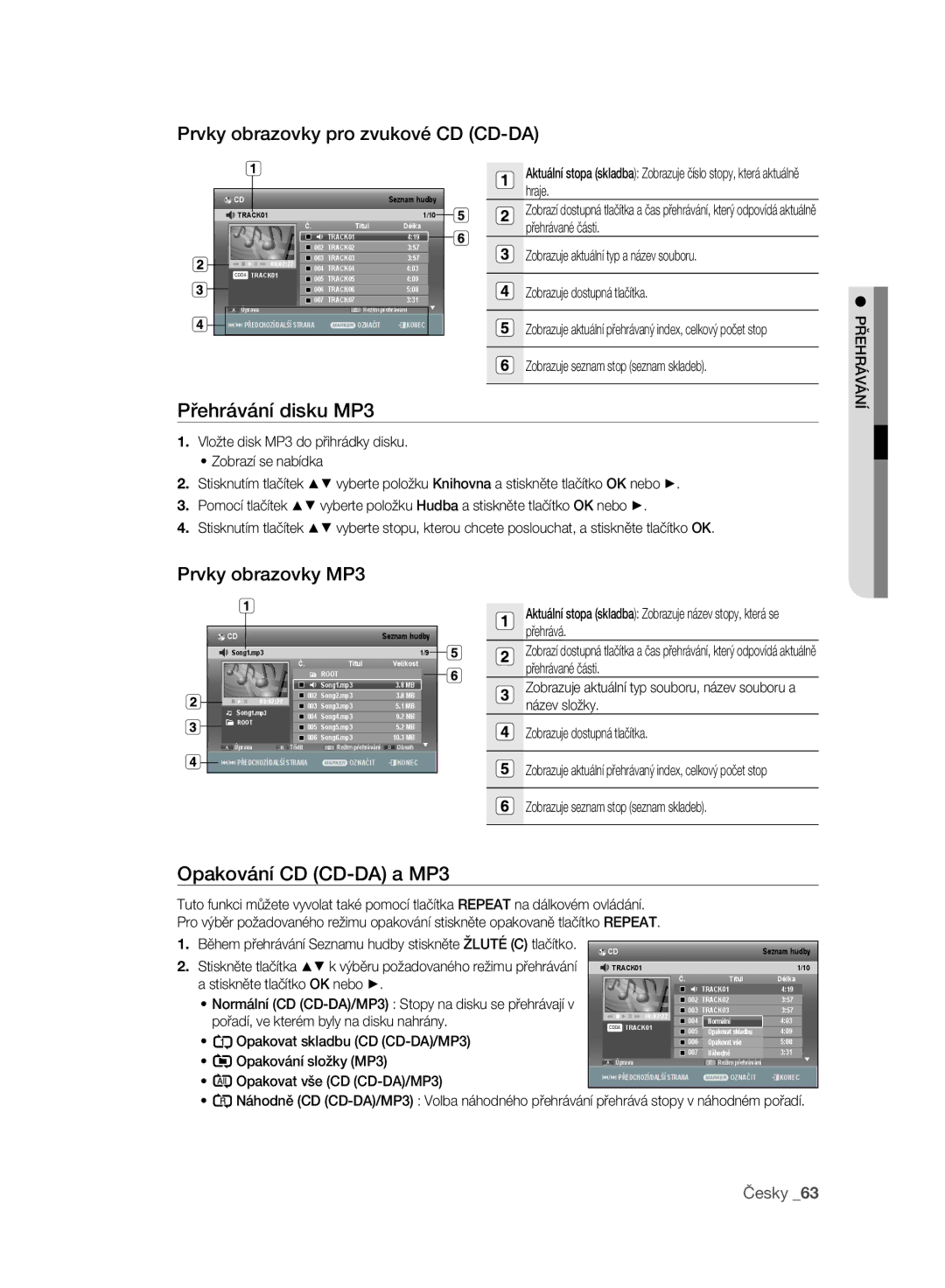 Samsung DVD-SH893A/EDC, DVD-SH897A/EDC Prvky obrazovky pro zvukové CD CD-DA, Přehrávání disku MP3, Prvky obrazovky MP3 