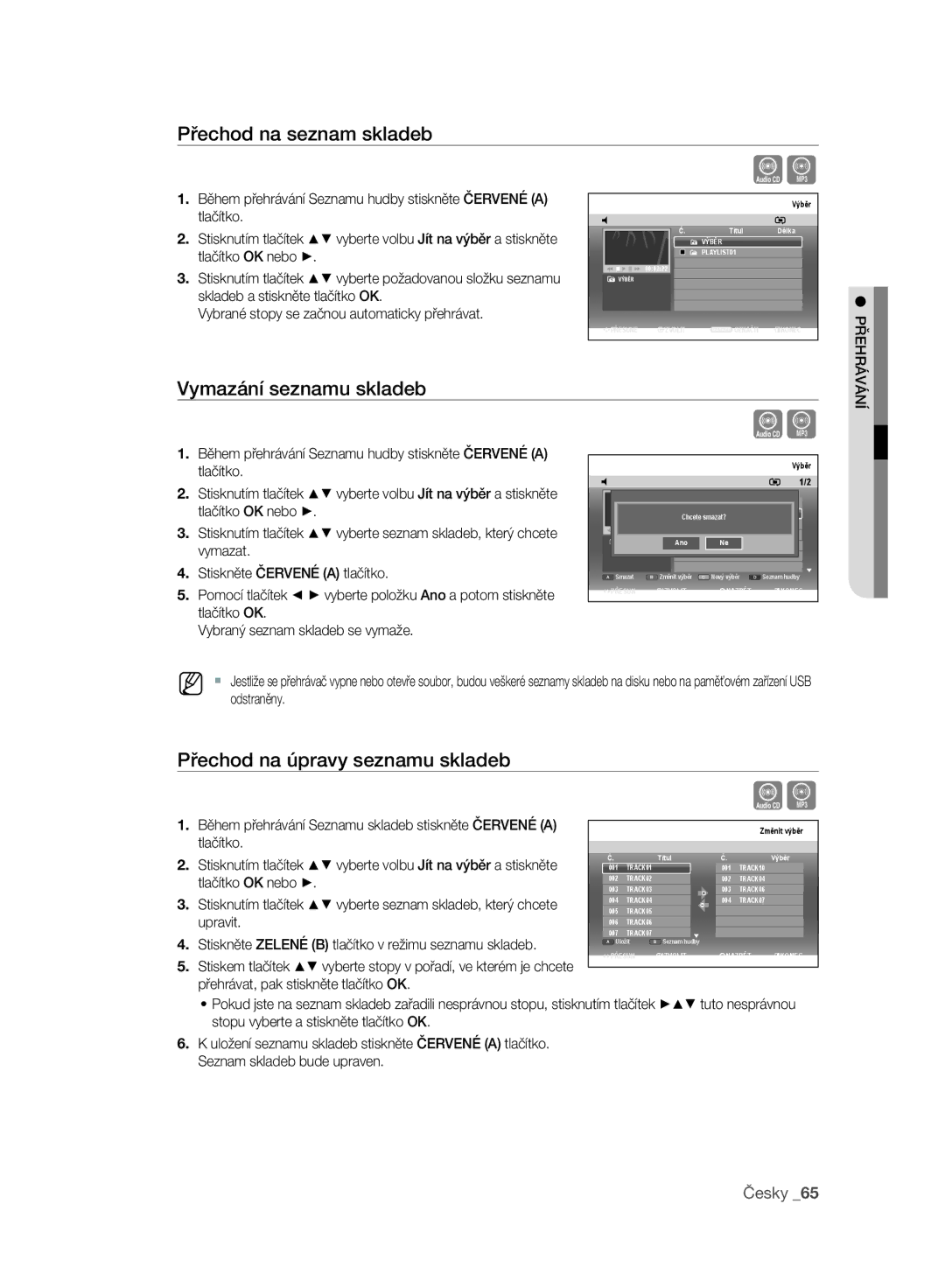 Samsung DVD-SH895A/EDC Přechod na seznam skladeb, Vymazání seznamu skladeb, Přechod na úpravy seznamu skladeb, Upravit 