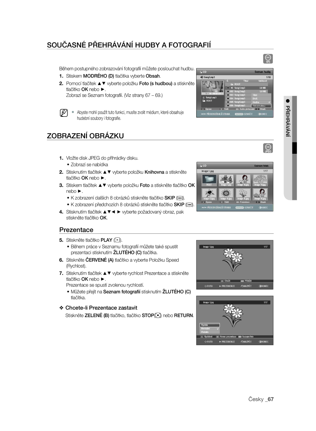 Samsung DVD-SH897A/EDC, DVD-SH893A/EDC manual Současné Přehrávání Hudby a Fotografií, Zobrazení Obrázku, Prezentace 