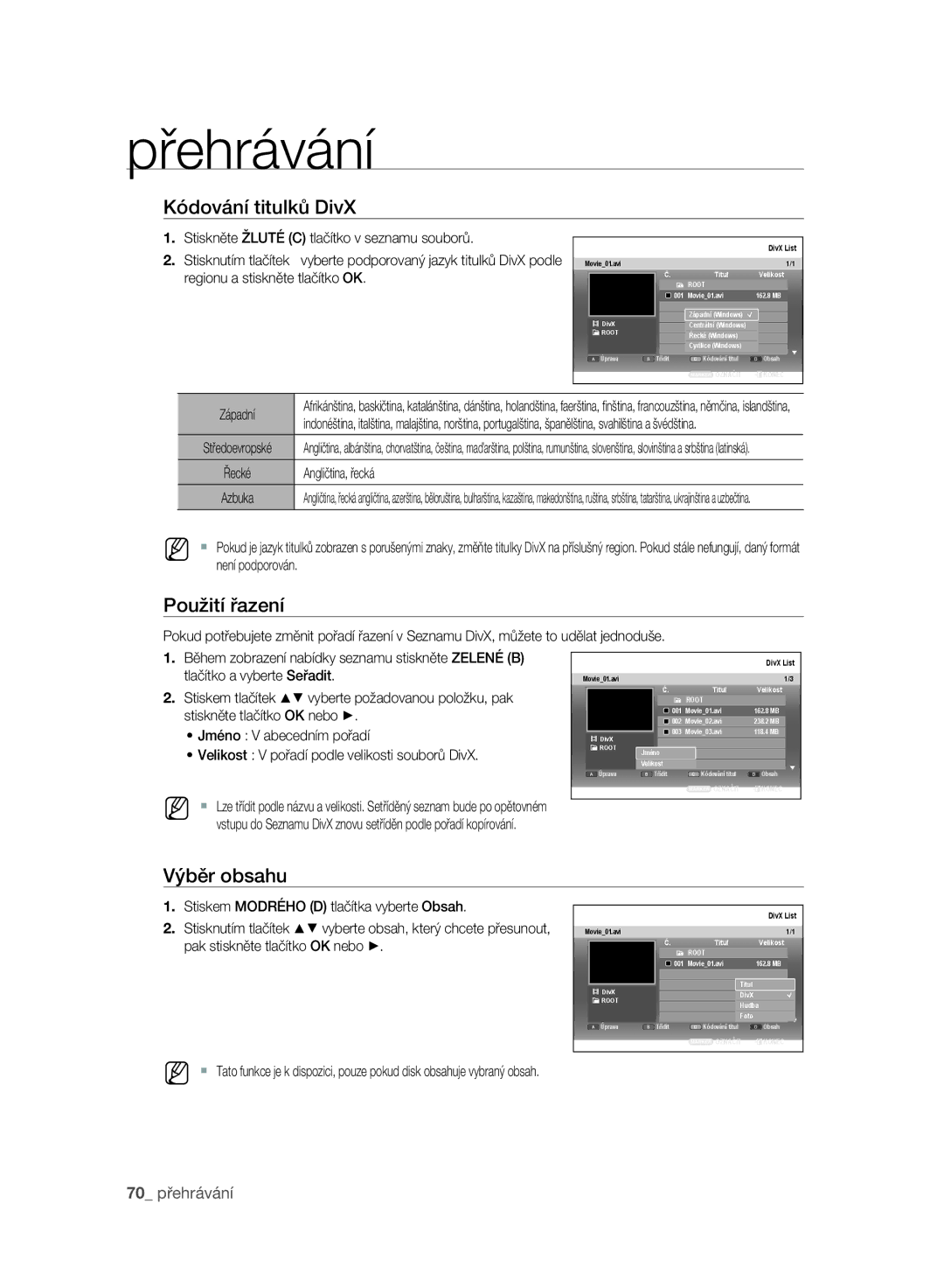 Samsung DVD-SH897A/EDC manual Kódování titulků DivX, Západní, Angličtina, řecká, Stiskem Modrého D tlačítka vyberte Obsah 