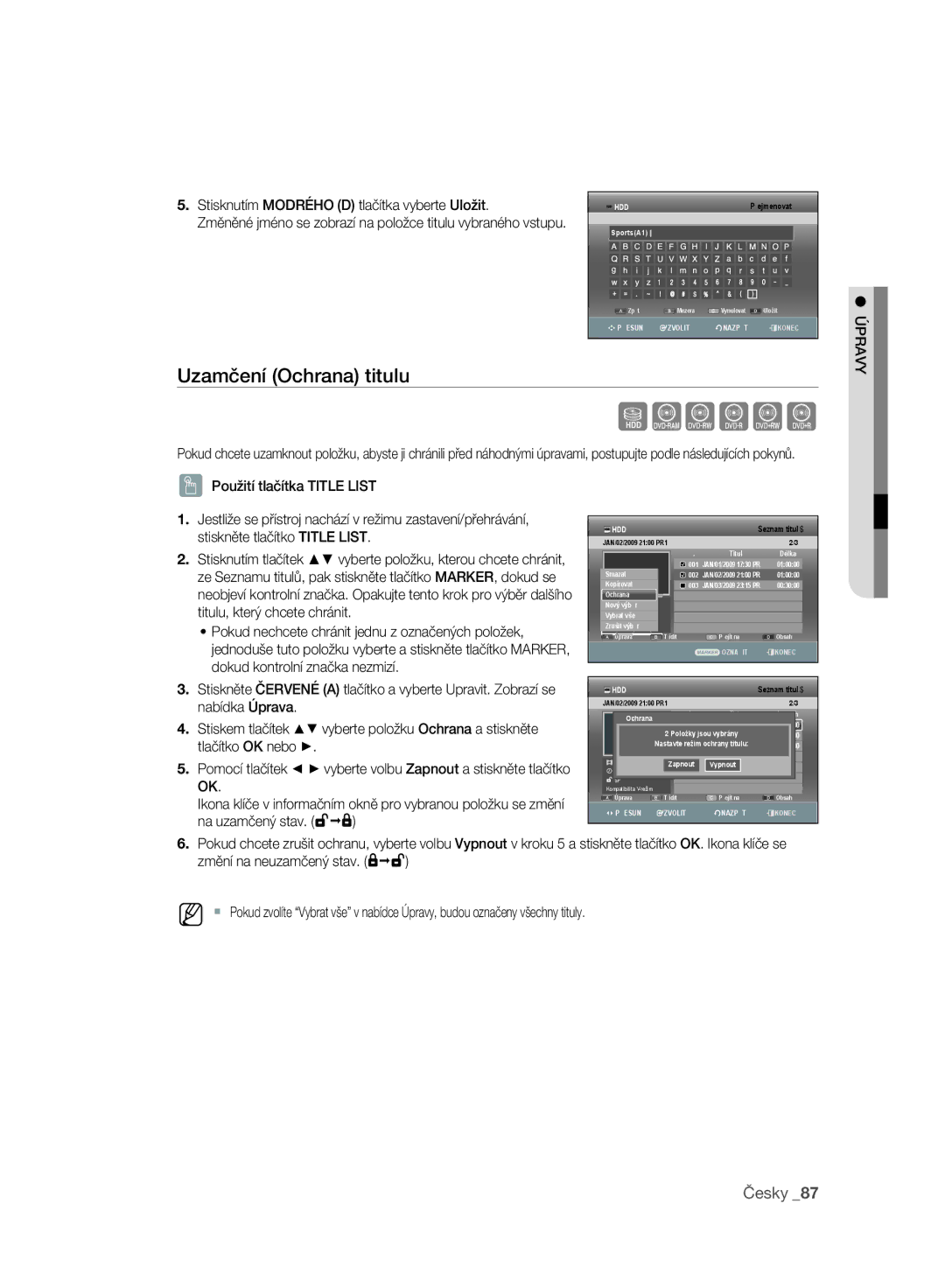 Samsung DVD-SH893A/EDC, DVD-SH897A/EDC, DVD-SH895A/EDC Uzamčení Ochrana titulu, Úpravy, Vyberte položku Ochrana a stiskněte 