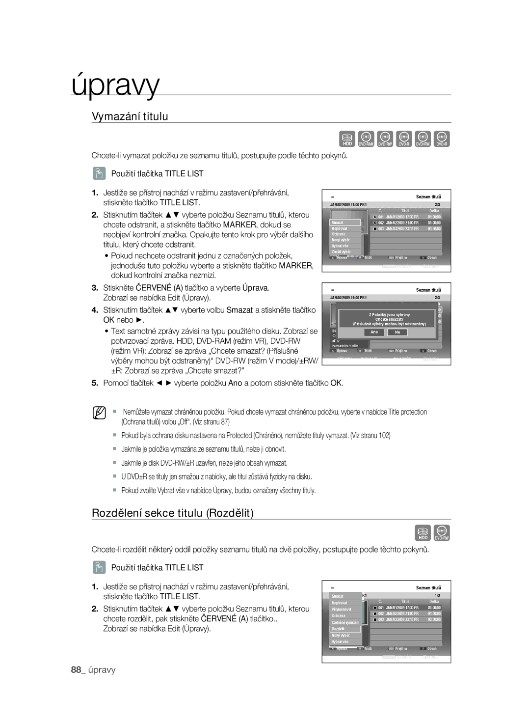 Samsung DVD-SH897A/EDC, DVD-SH893A/EDC, DVD-SH895A/EDC manual Vymazání titulu, Rozdělení sekce titulu Rozdělit 