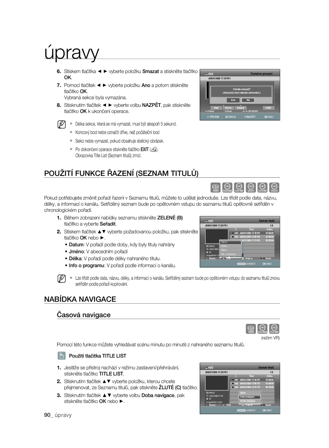 Samsung DVD-SH893A/EDC, DVD-SH897A/EDC manual Sxc, Použití Funkce Řazení Seznam Titulů, Nabídka Navigace, Časová navigace 