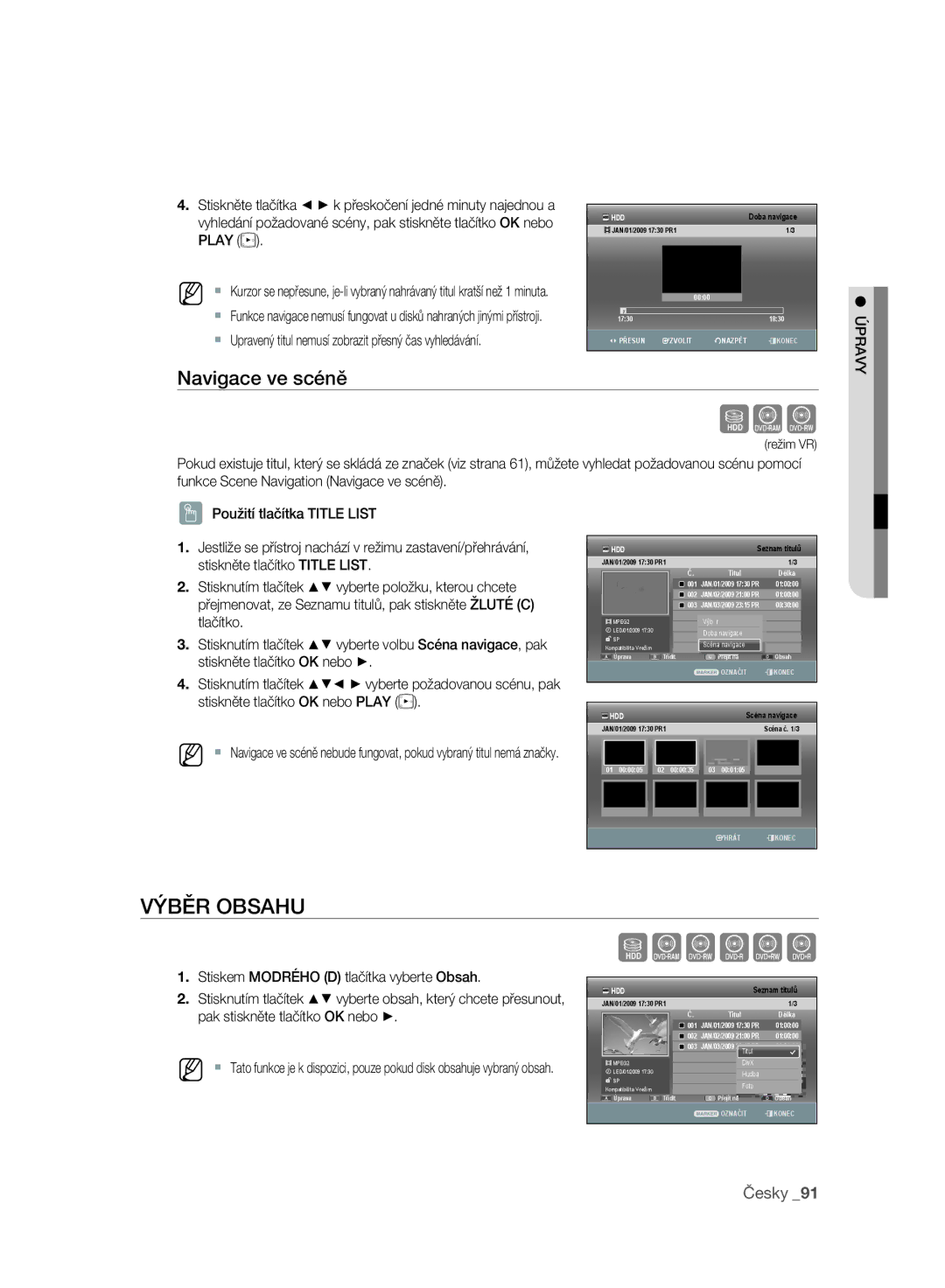 Samsung DVD-SH897A/EDC, DVD-SH893A/EDC Výběr Obsahu, Navigace ve scéně, Stisknutím tlačítek Vyberte položku, kterou chcete 