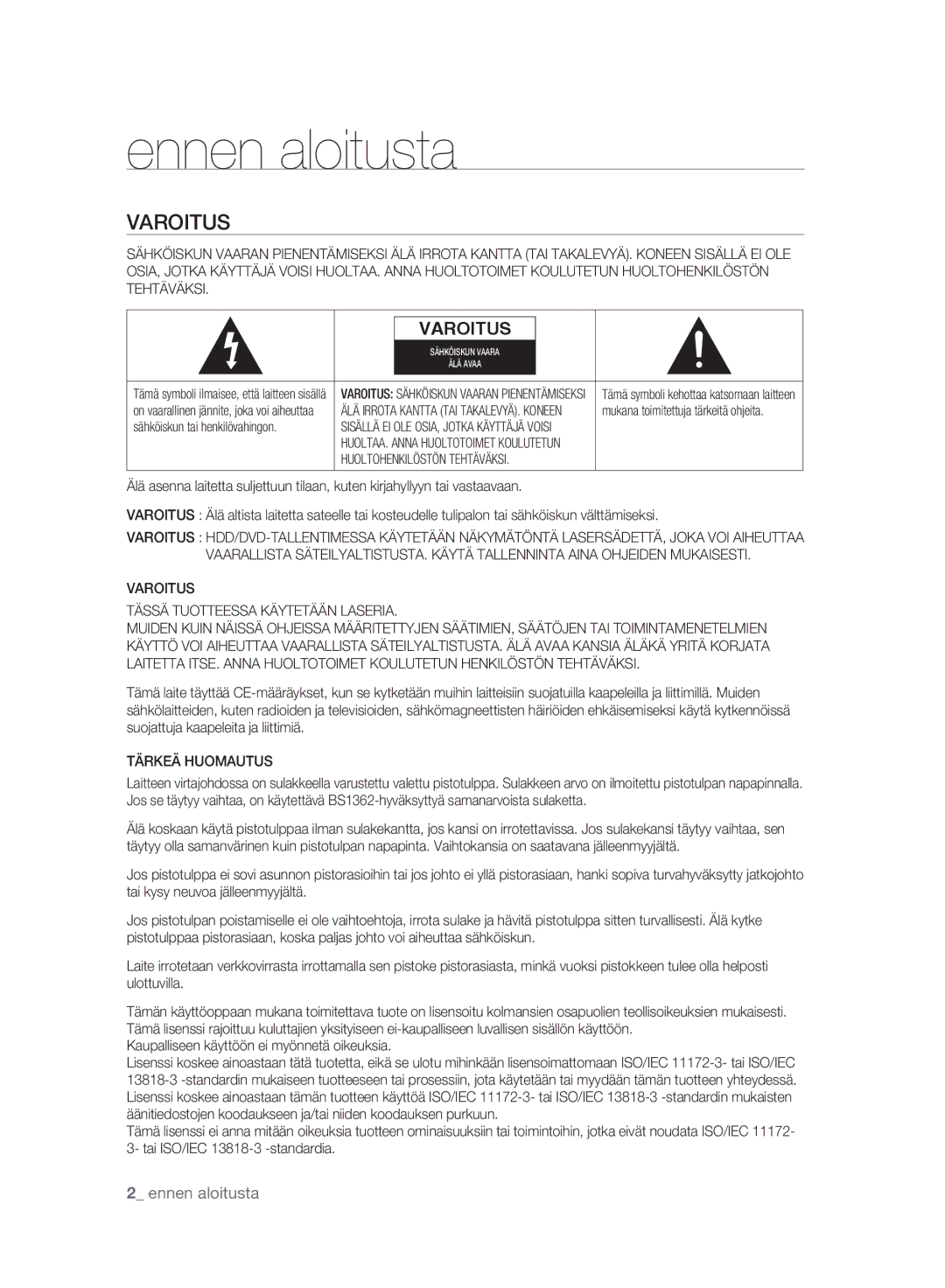 Samsung DVD-SH893A/XEE Varoitus Tässä Tuotteessa Käytetään Laseria, Tärkeä Huomautus, Sähköiskun tai henkilövahingon 