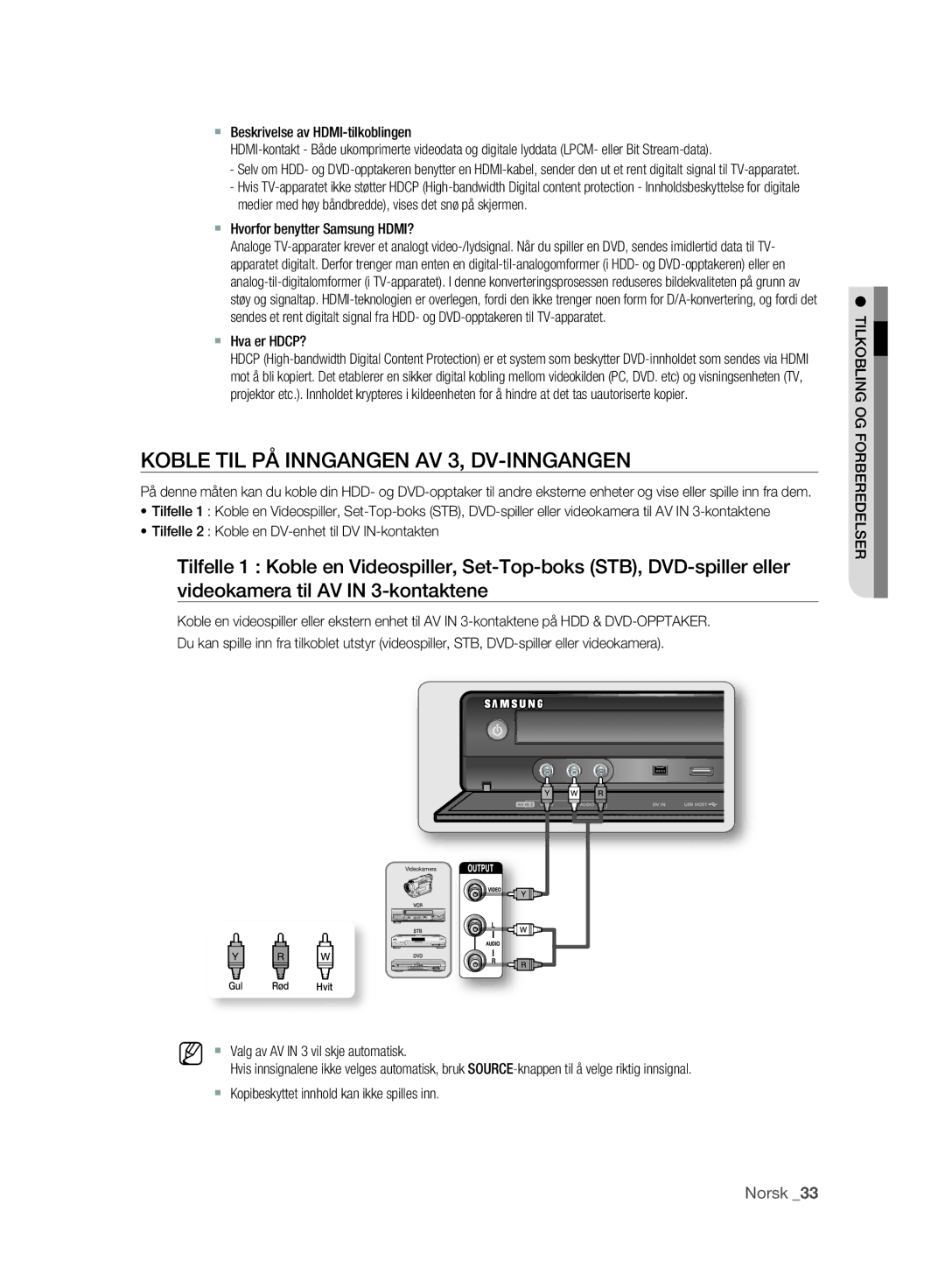 Samsung DVD-SH893A/XEE manual Koble TIL PÅ Inngangen AV 3, DV-INNGANGEN 