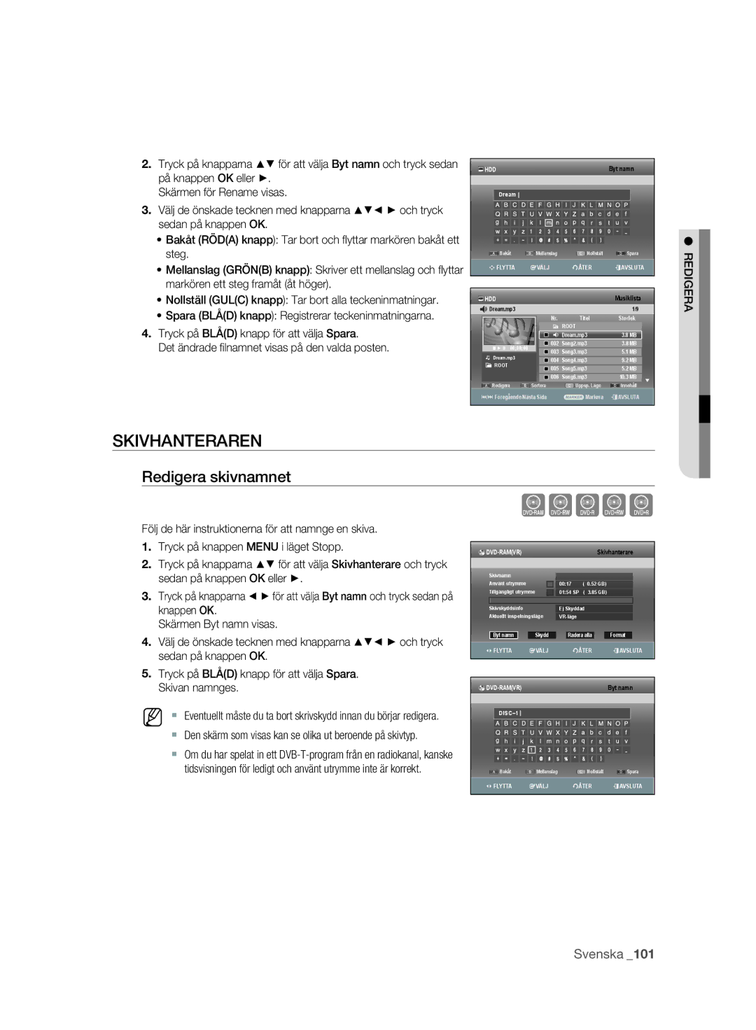 Samsung DVD-SH893A/XEE manual Xcvkl, Skivhanteraren, Redigera skivnamnet 