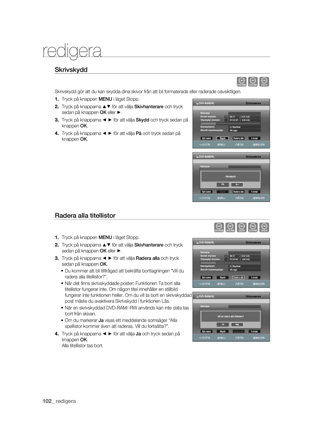 Samsung DVD-SH893A/XEE manual Xcv, Skrivskydd, Radera alla titellistor 