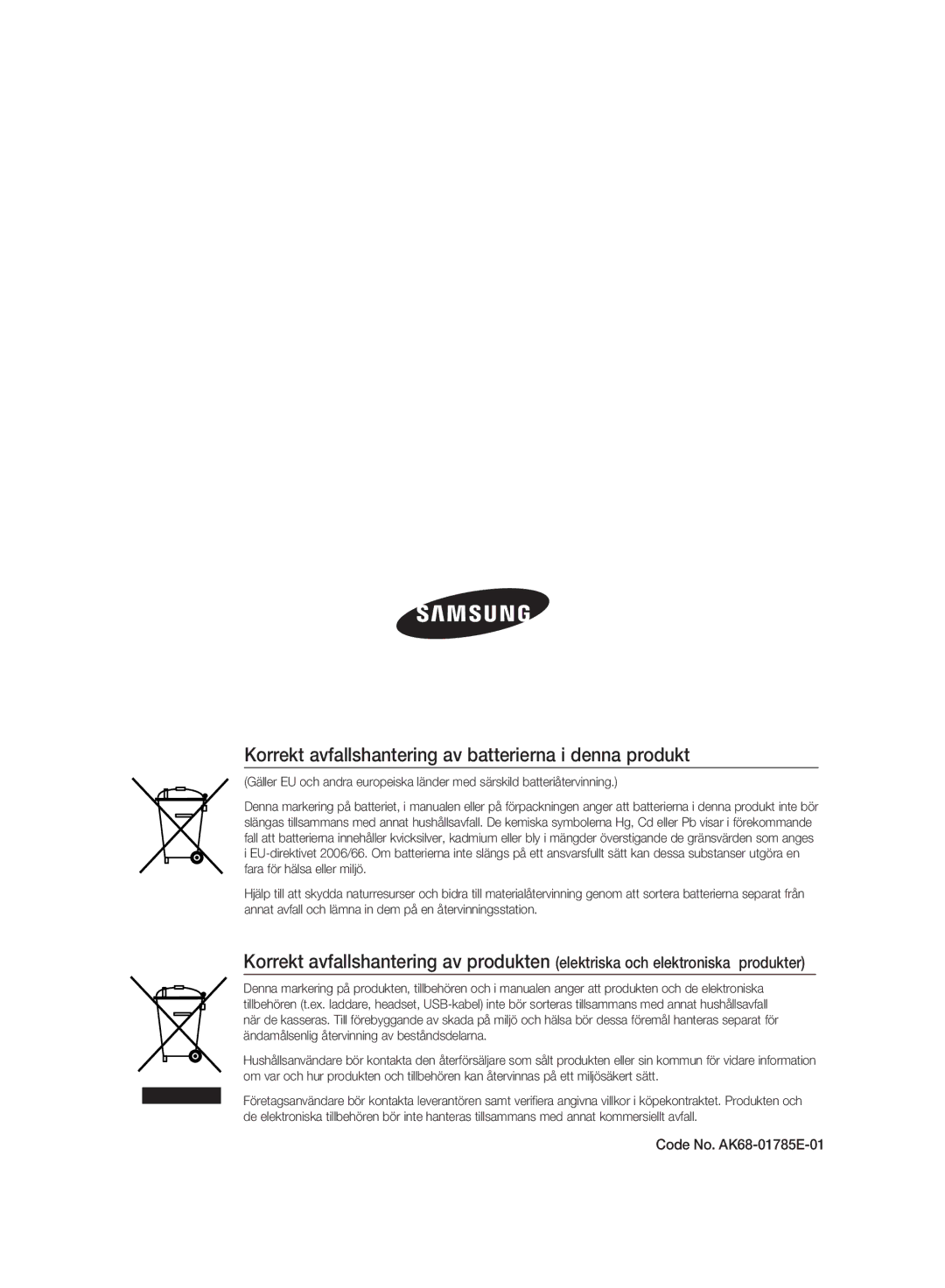 Samsung DVD-SH893A/XEE manual Korrekt avfallshantering av batterierna i denna produkt, Code No. AK68-01785E-01 