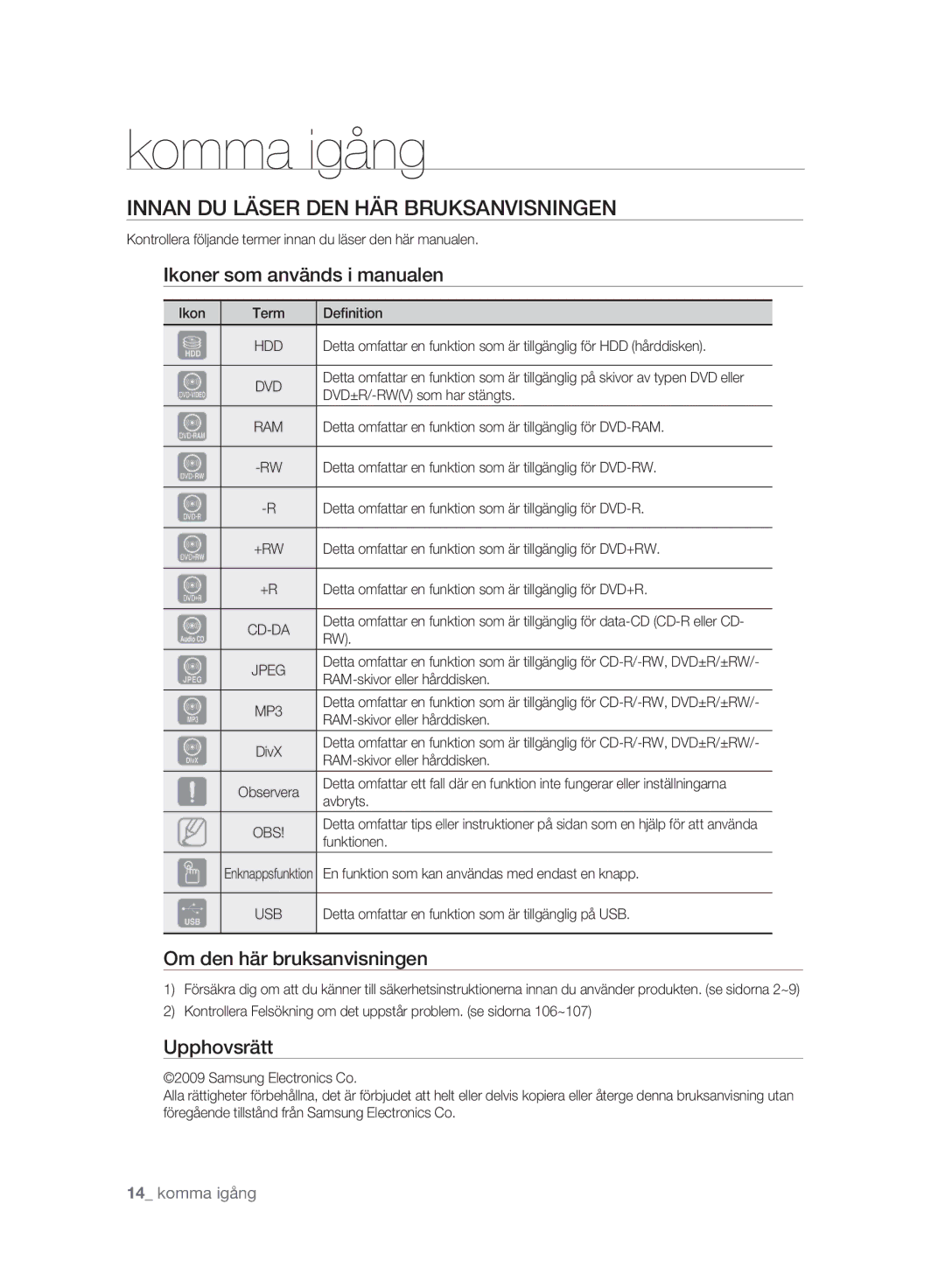 Samsung DVD-SH893A/XEE Innan DU Läser DEN HÄR Bruksanvisningen, Ikoner som används i manualen, Om den här bruksanvisningen 