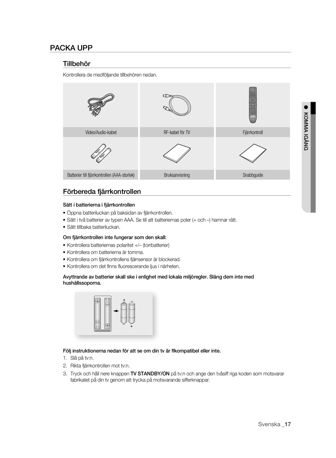 Samsung DVD-SH893A/XEE manual Packa UPP, Tillbehör, Förbereda fjärrkontrollen, Bruksanvisning 