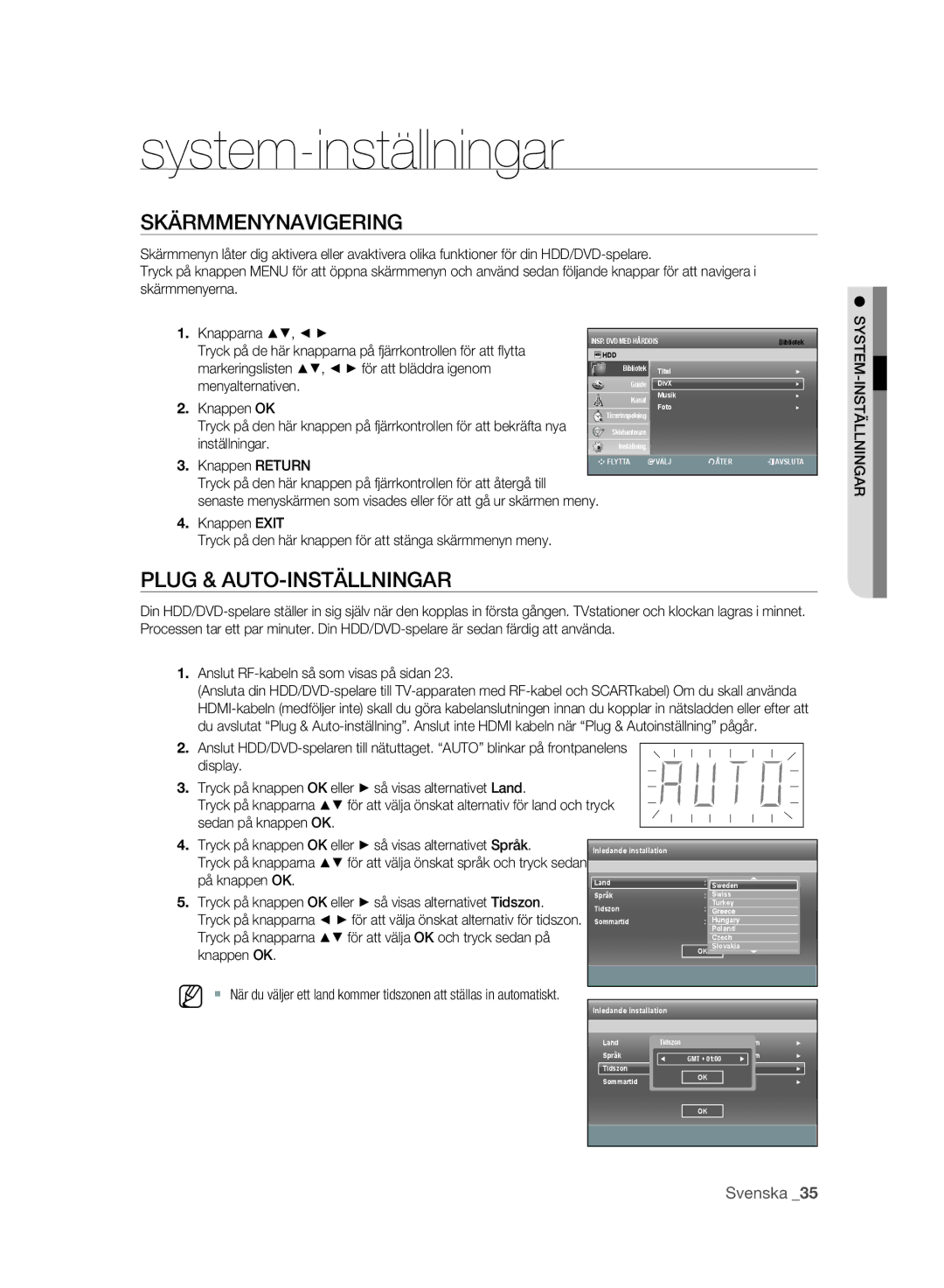 Samsung DVD-SH893A/XEE manual Skärmmenynavigering, Plug & AUTO-INSTÄLLNINGAR 