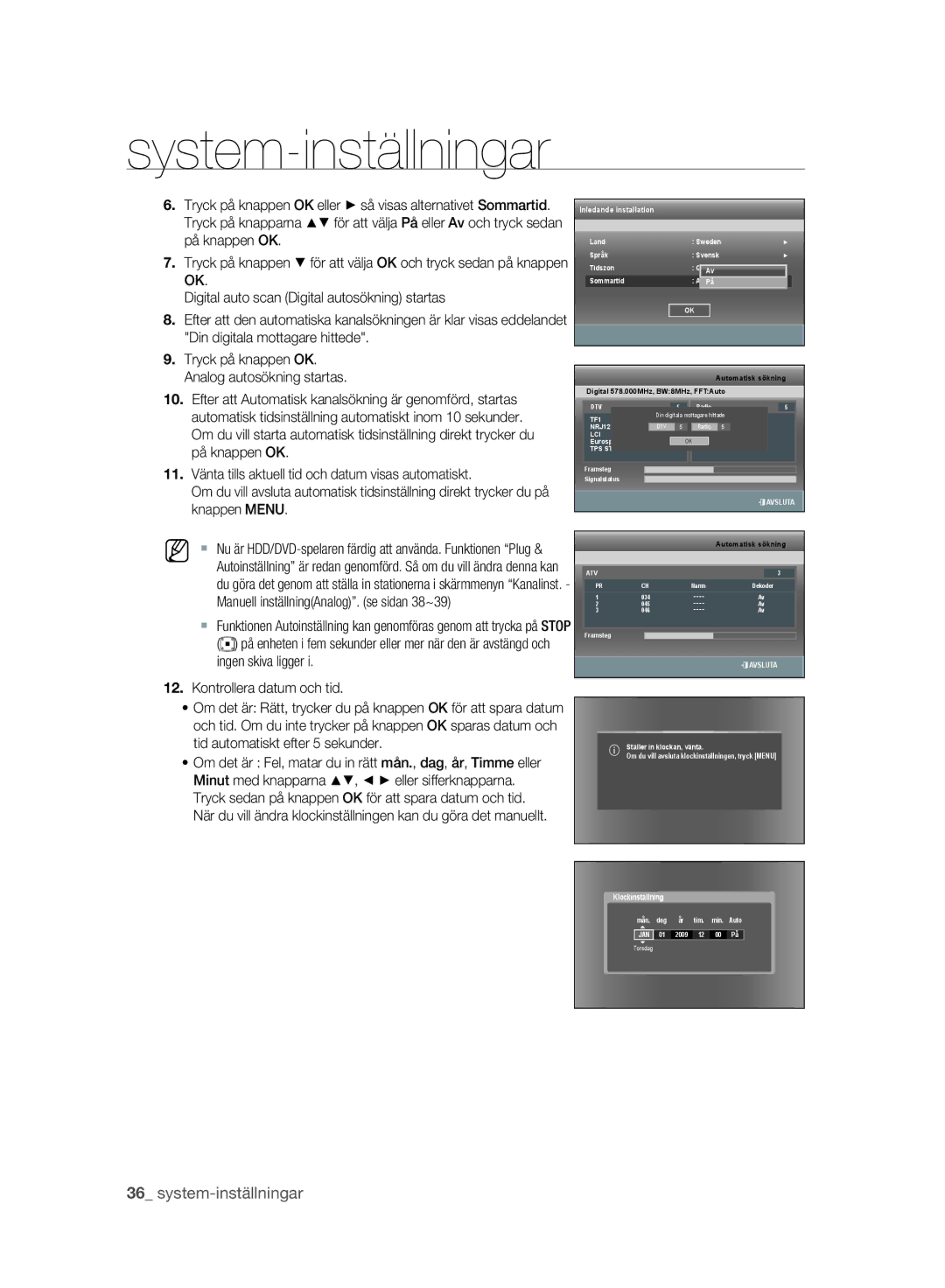 Samsung DVD-SH893A/XEE manual Kontrollera datum och tid 