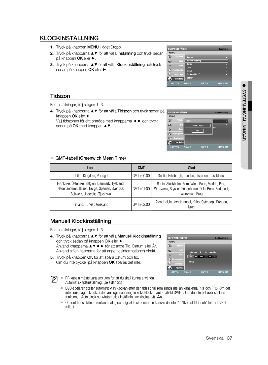 Samsung DVD-SH893A/XEE manual Tidszon, Manuell Klockinställning, Inställningar, Gmt 