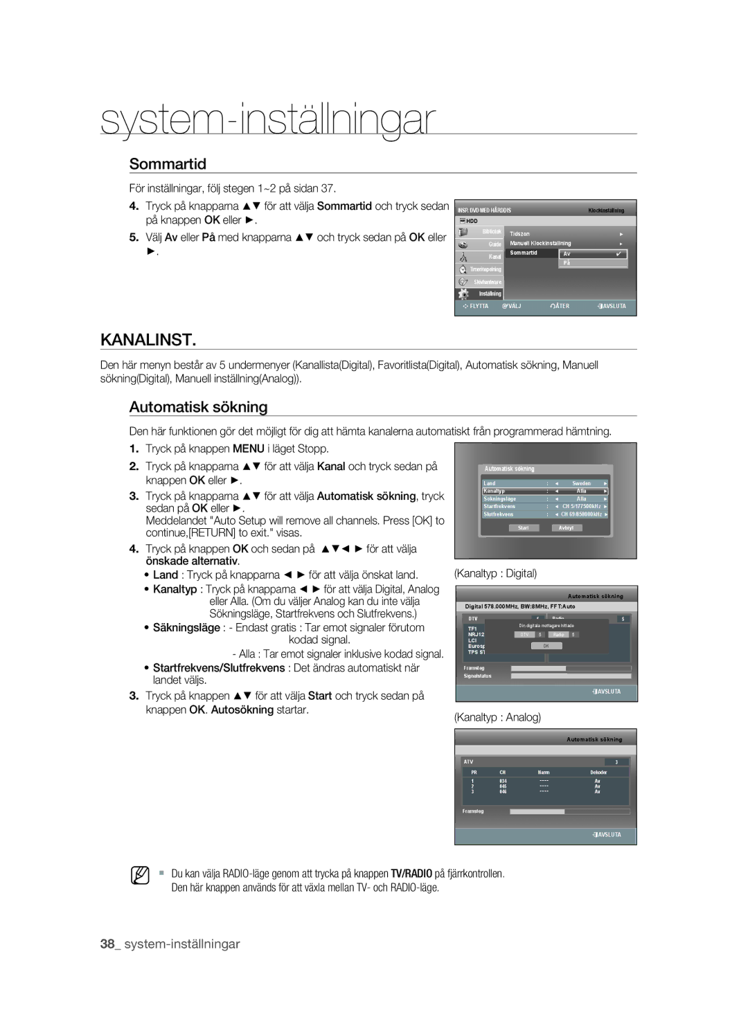 Samsung DVD-SH893A/XEE manual Kanalinst, Sommartid, Automatisk sökning 