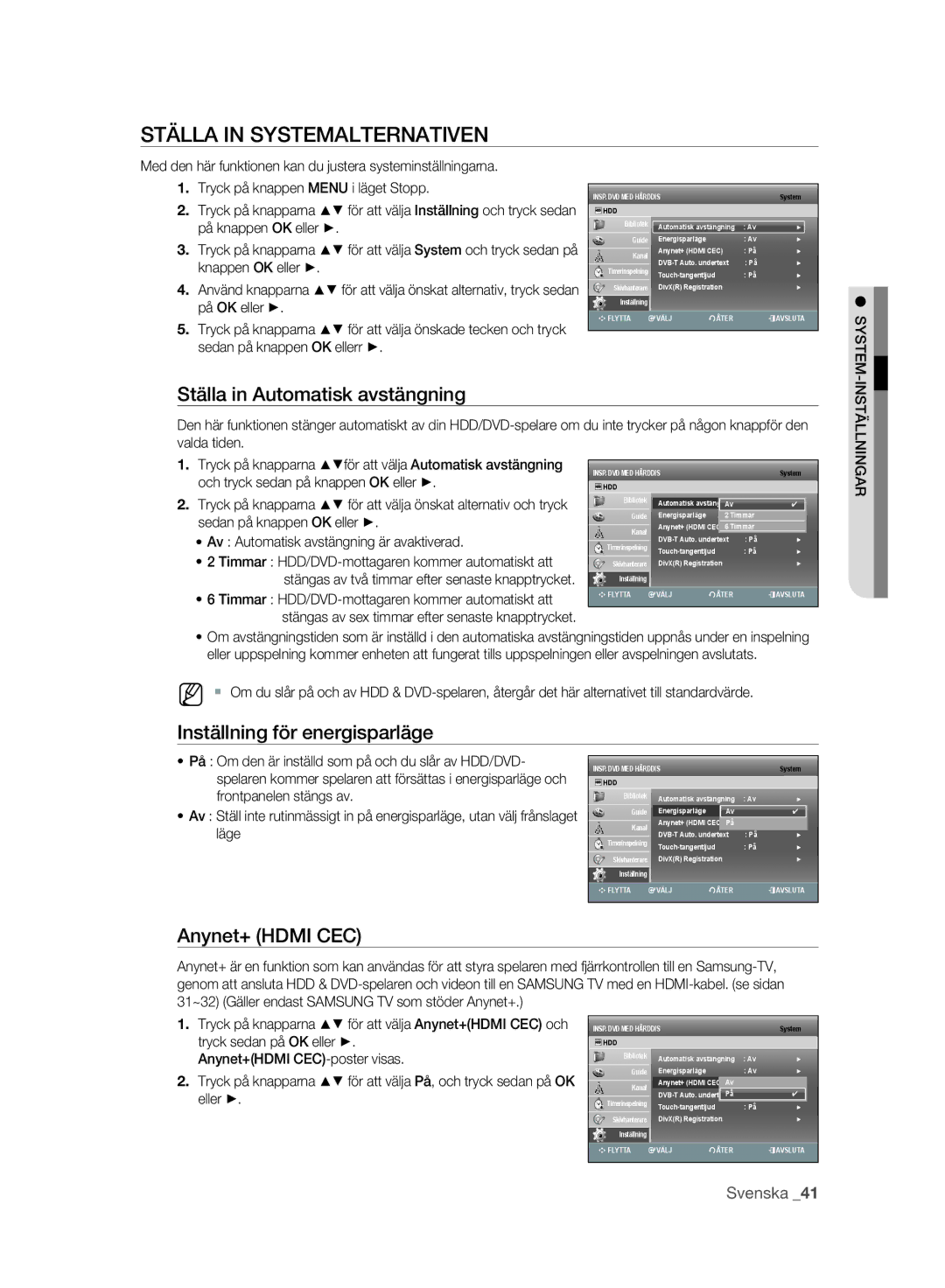 Samsung DVD-SH893A/XEE Ställa in Systemalternativen, Ställa in Automatisk avstängning, Inställning för energisparläge 