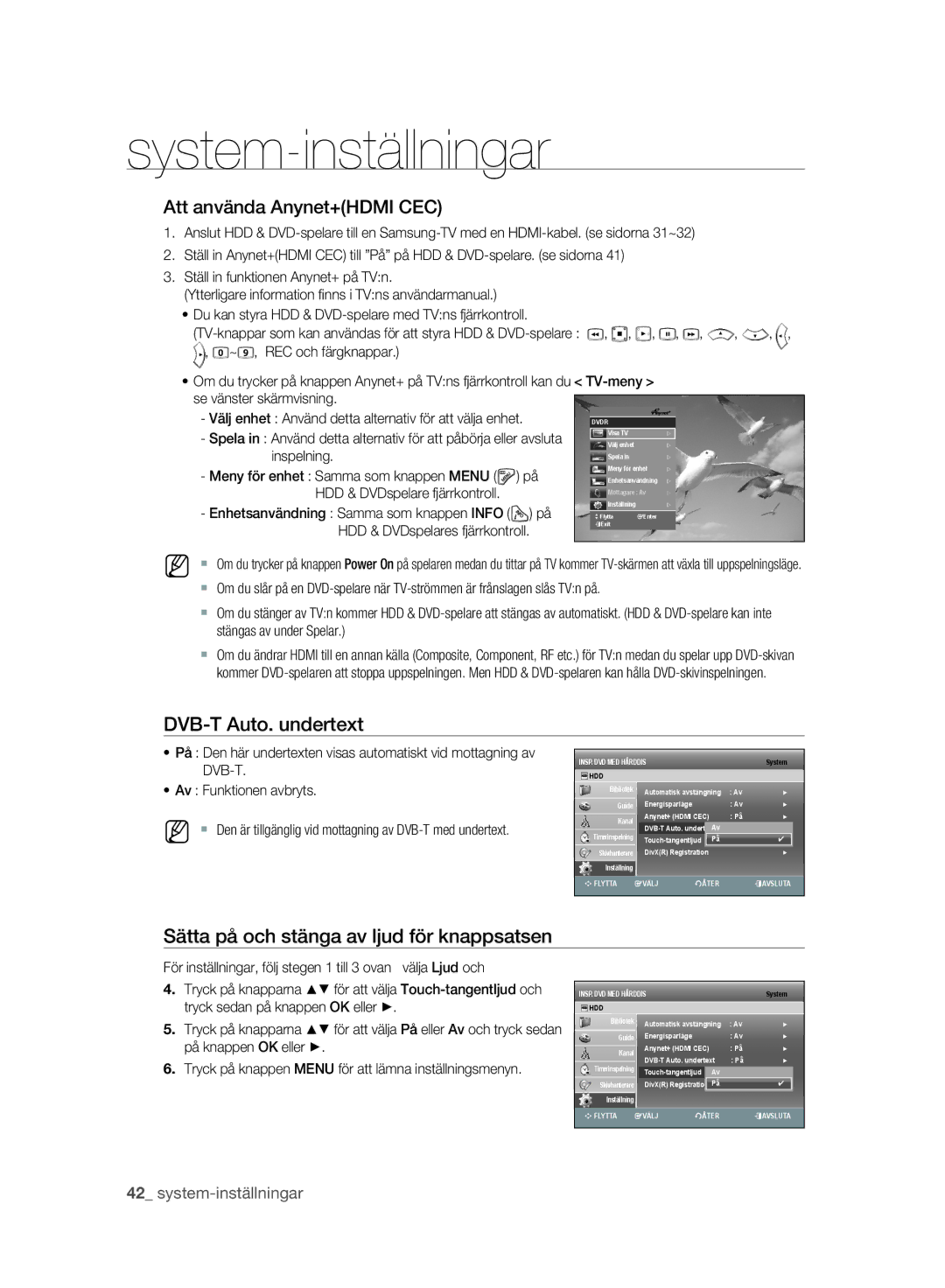 Samsung DVD-SH893A/XEE Att använda Anynet+HDMI CEC, DVB-T Auto. undertext, Sätta på och stänga av ljud för knappsatsen 