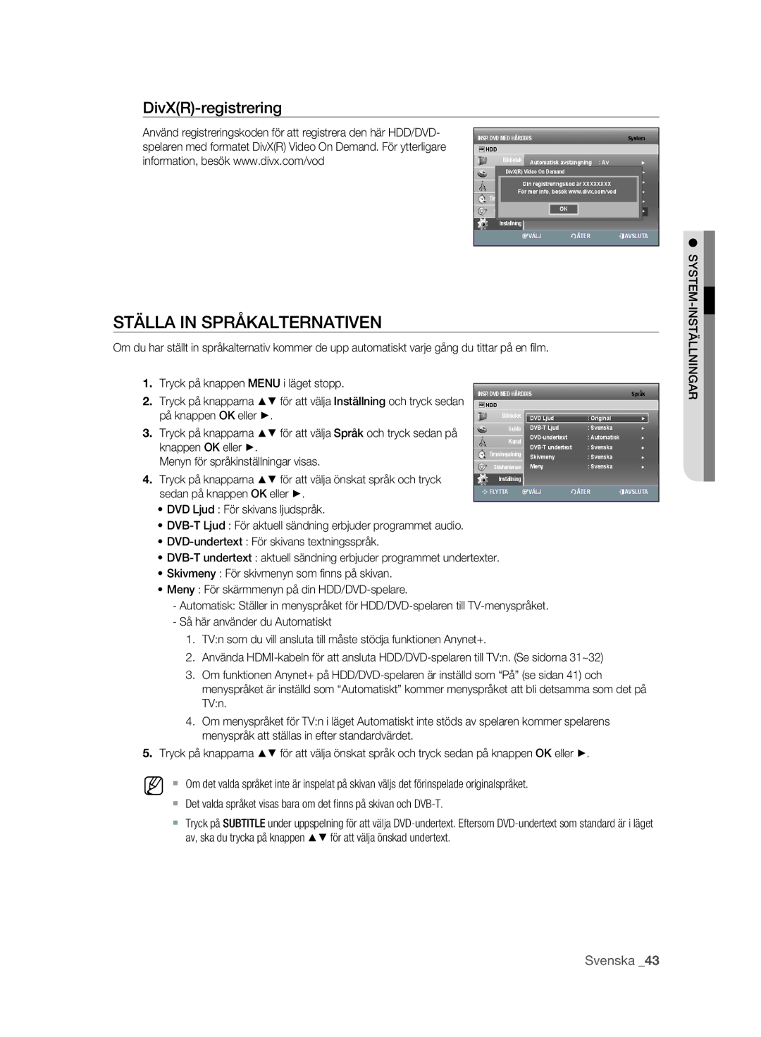 Samsung DVD-SH893A/XEE Ställa in Språkalternativen, DivXR-registrering, På knappen OK eller, Sedan på knappen OK eller 