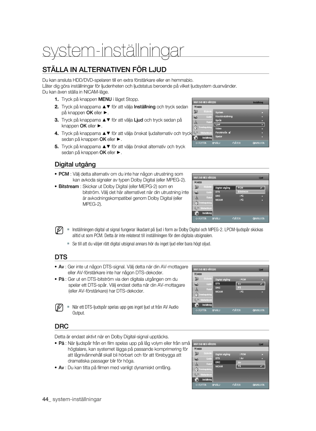 Samsung DVD-SH893A/XEE manual Ställa in Alternativen FÖR Ljud, Digital utgång 