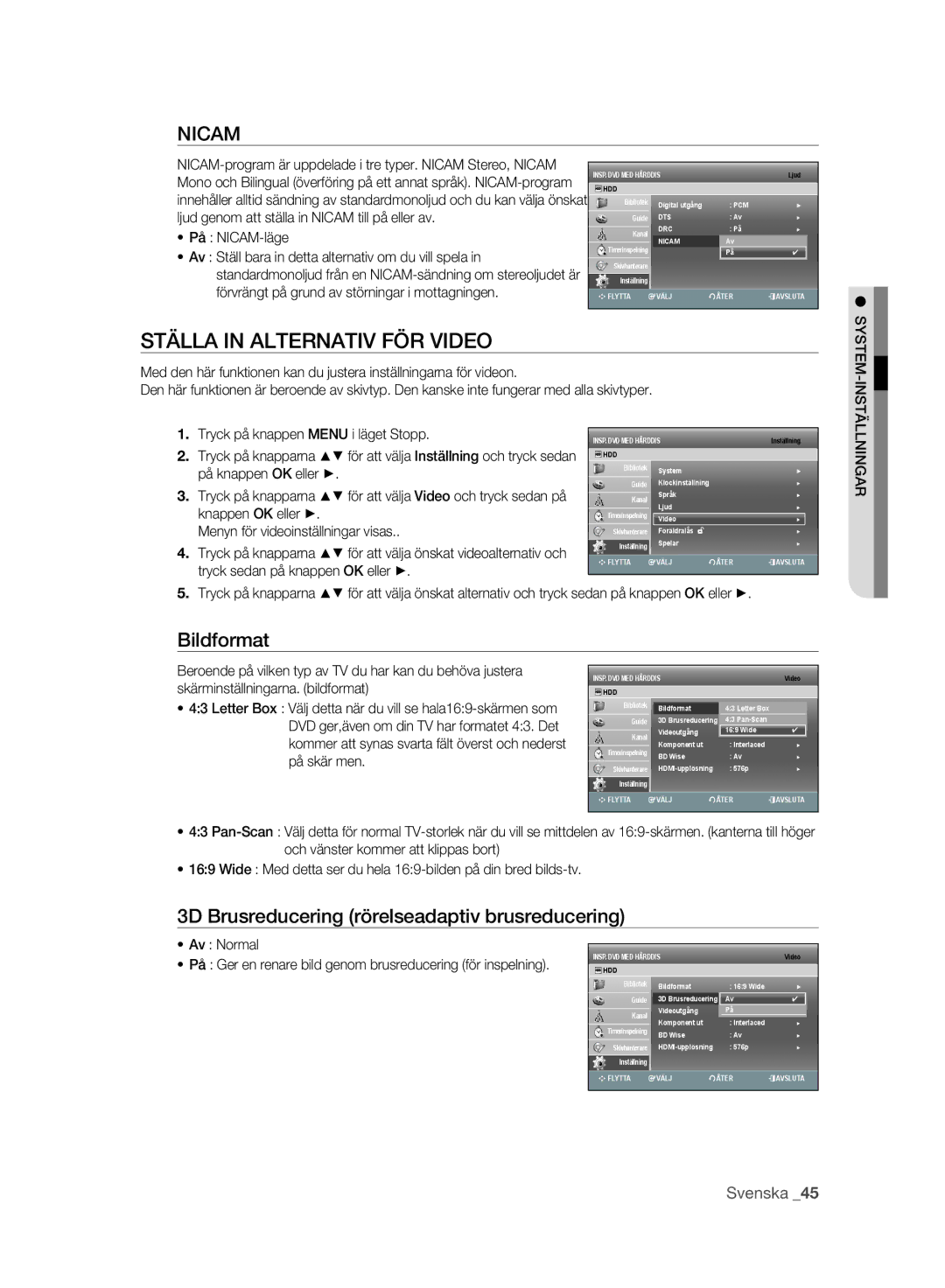 Samsung DVD-SH893A/XEE manual Ställa in Alternativ FÖR Video, Bildformat, 3D Brusreducering rörelseadaptiv brusreducering 