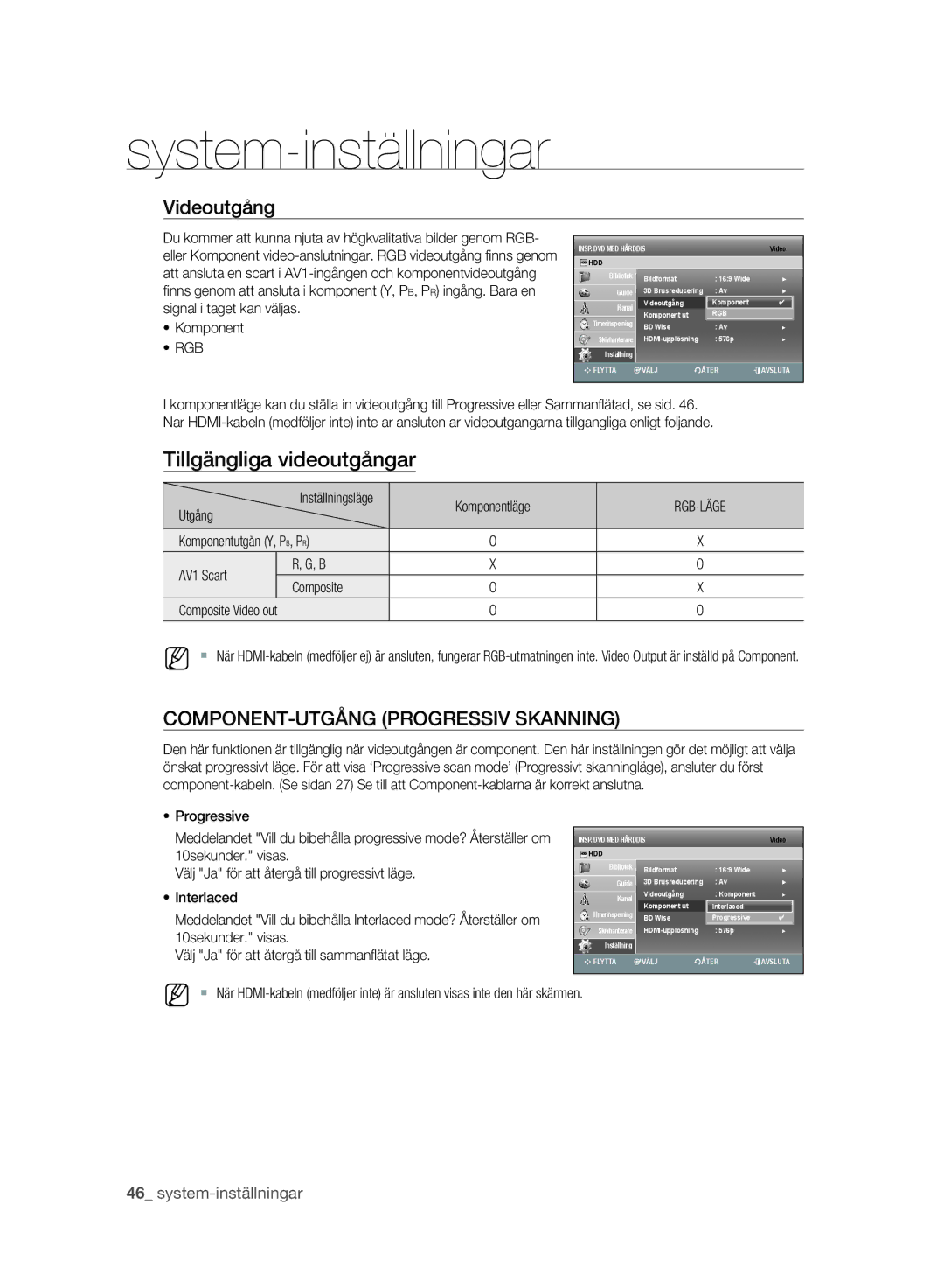 Samsung DVD-SH893A/XEE manual Videoutgång, Rgb, Inställningsläge, Utgång 