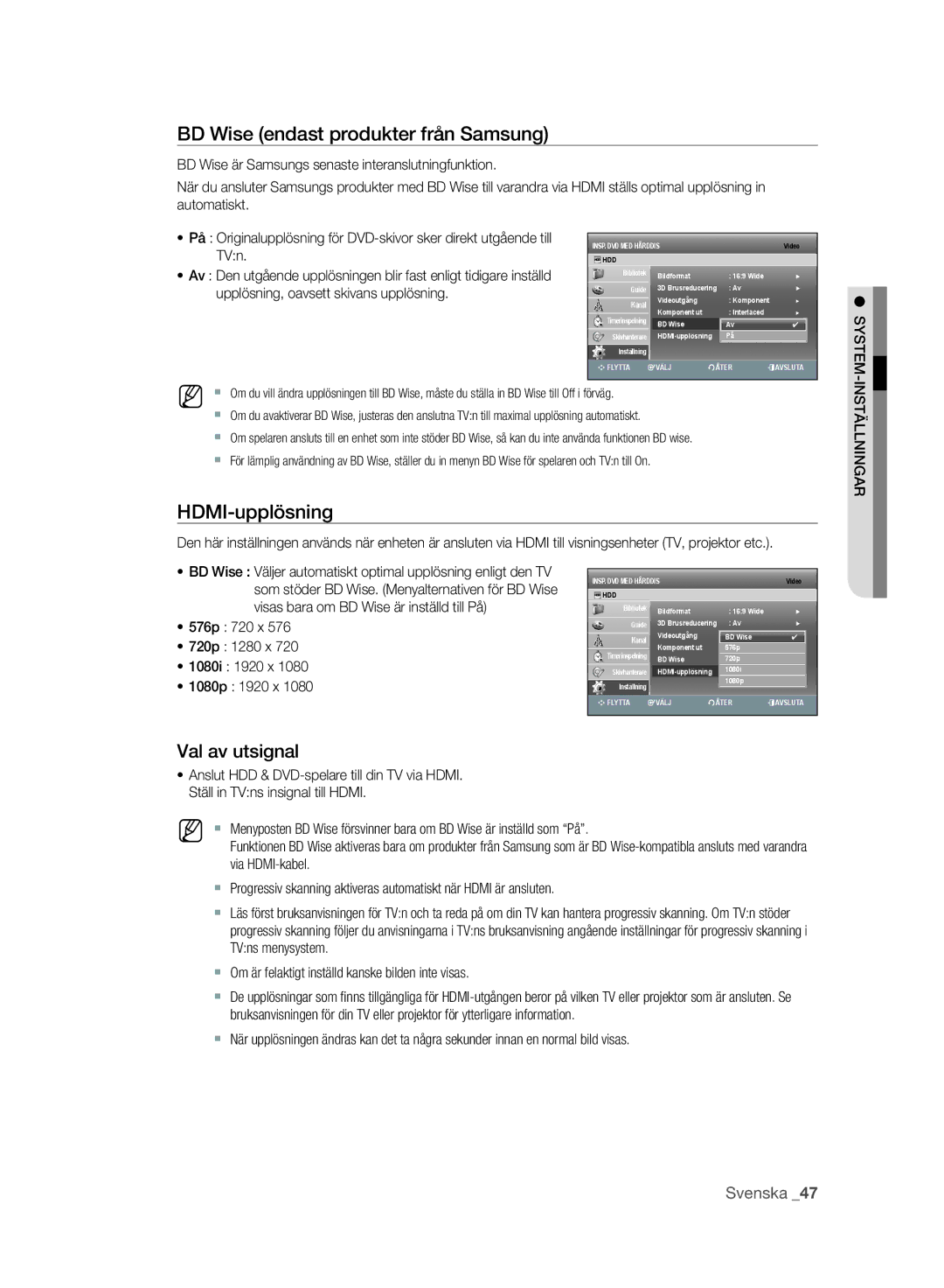 Samsung DVD-SH893A/XEE manual BD Wise endast produkter från Samsung, HDMI-upplösning, Val av utsignal 