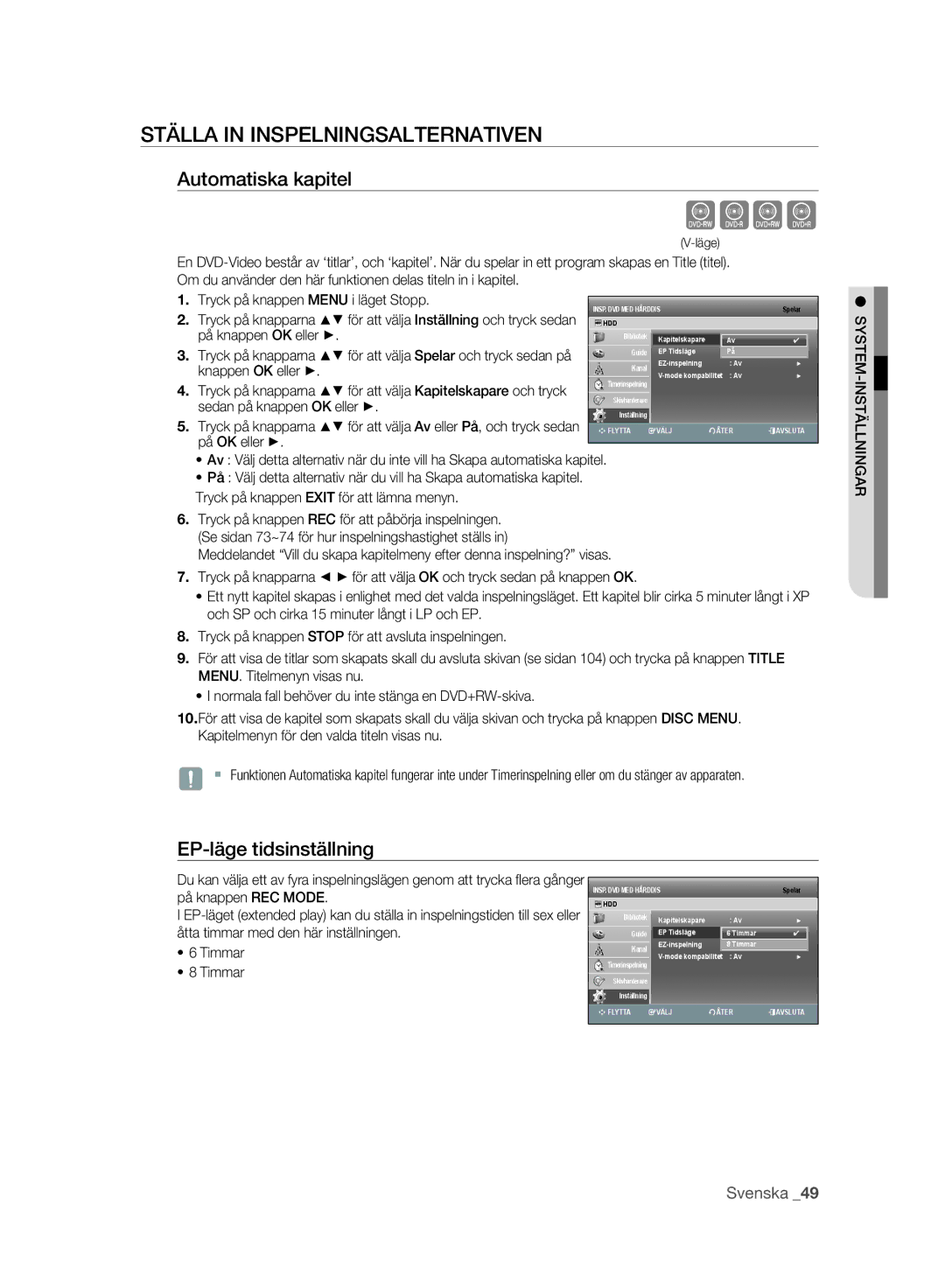 Samsung DVD-SH893A/XEE Cvkl, Ställa in Inspelningsalternativen, Automatiska kapitel, EP-läge tidsinställning, På OK eller 