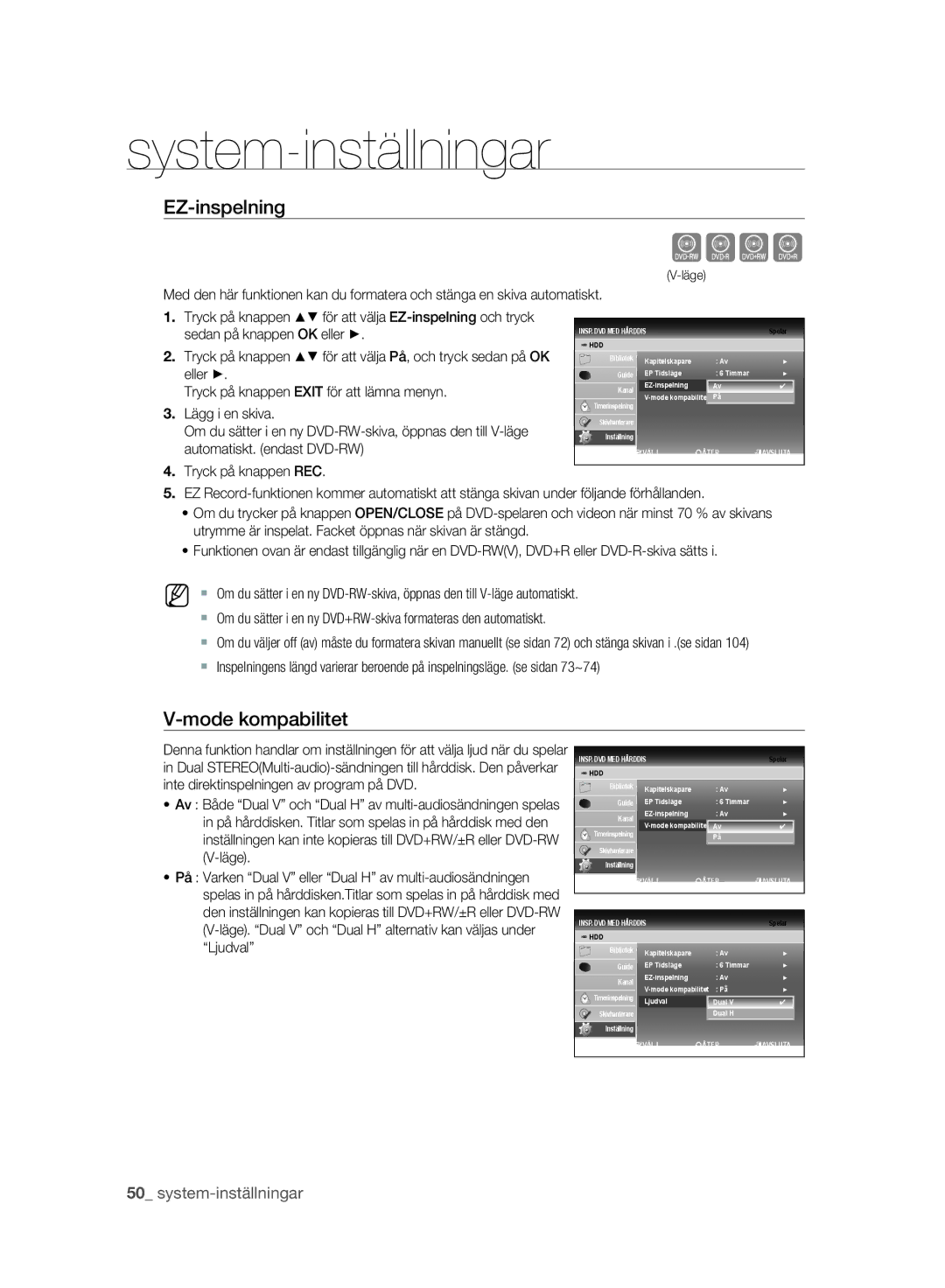 Samsung DVD-SH893A/XEE manual EZ-inspelning, Mode kompabilitet 