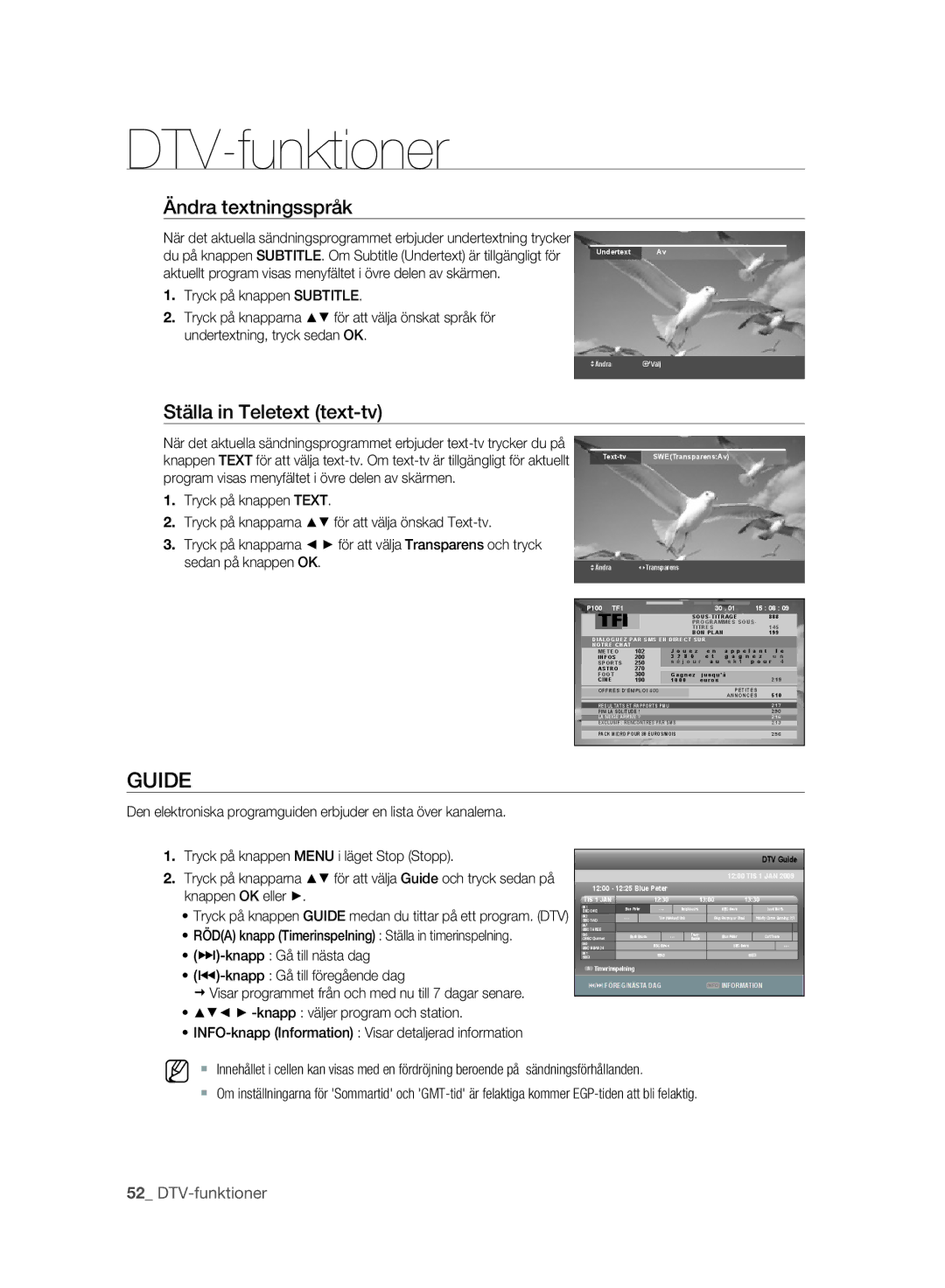 Samsung DVD-SH893A/XEE manual Guide, Ändra textningsspråk, Ställa in Teletext text-tv 