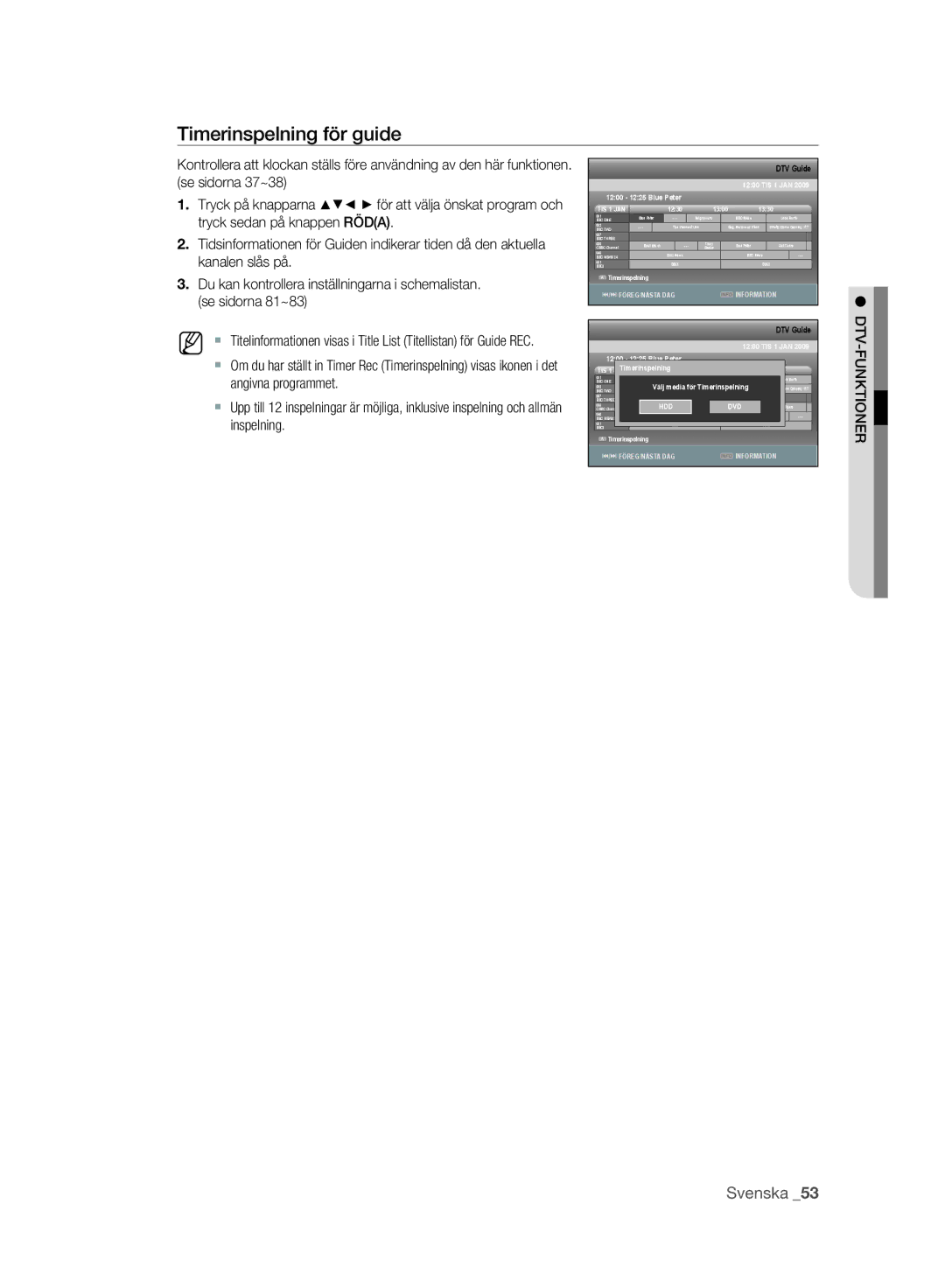 Samsung DVD-SH893A/XEE manual Timerinspelning för guide, #/$ FÖREG/NÄSTA Daginfo Information 