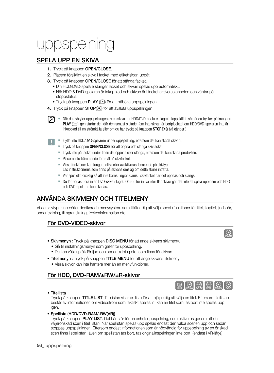 Samsung DVD-SH893A/XEE manual Sxcvkl, Spela UPP EN Skiva, Använda Skivmeny OCH Titelmeny, För DVD-VIDEO-skivor 