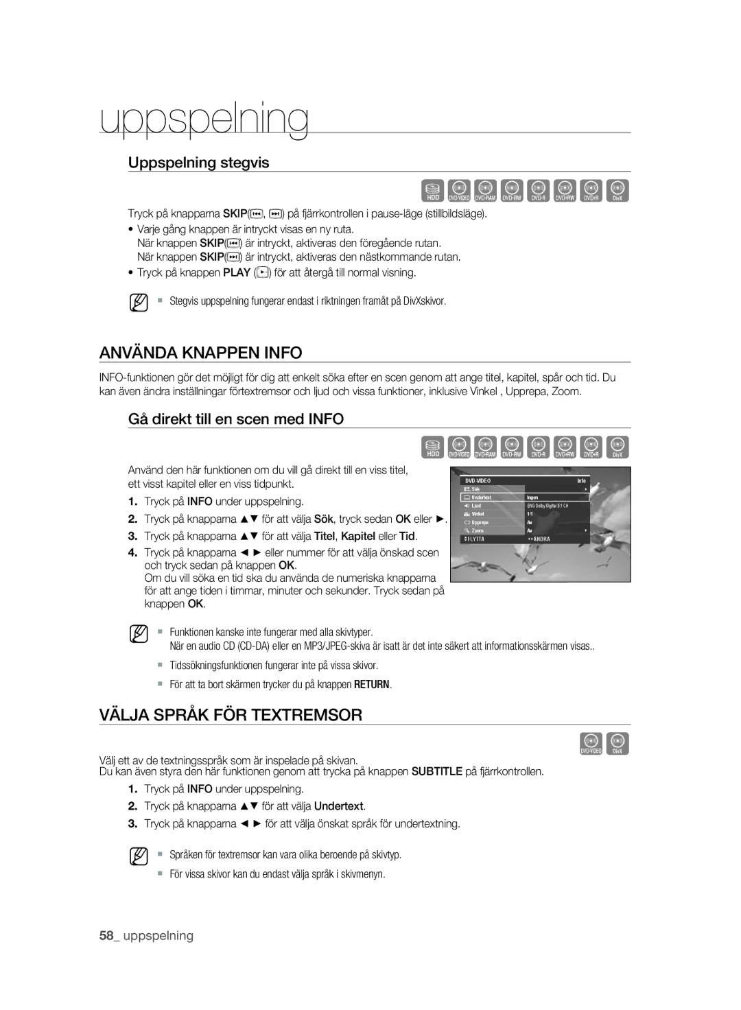 Samsung DVD-SH893A/XEE manual Använda Knappen Info, Välja Språk FÖR Textremsor, Uppspelning stegvis 