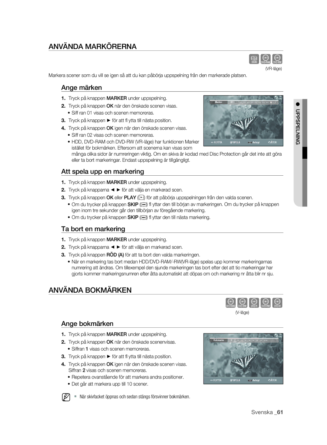 Samsung DVD-SH893A/XEE manual Sxc, Zcvkl, Använda Markörerna, Använda Bokmärken 