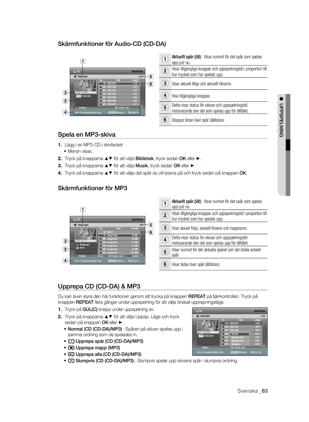 Samsung DVD-SH893A/XEE manual Skärmfunktioner för Audio-CD CD-DA, Spela en MP3-skiva, Skärmfunktioner för MP3 